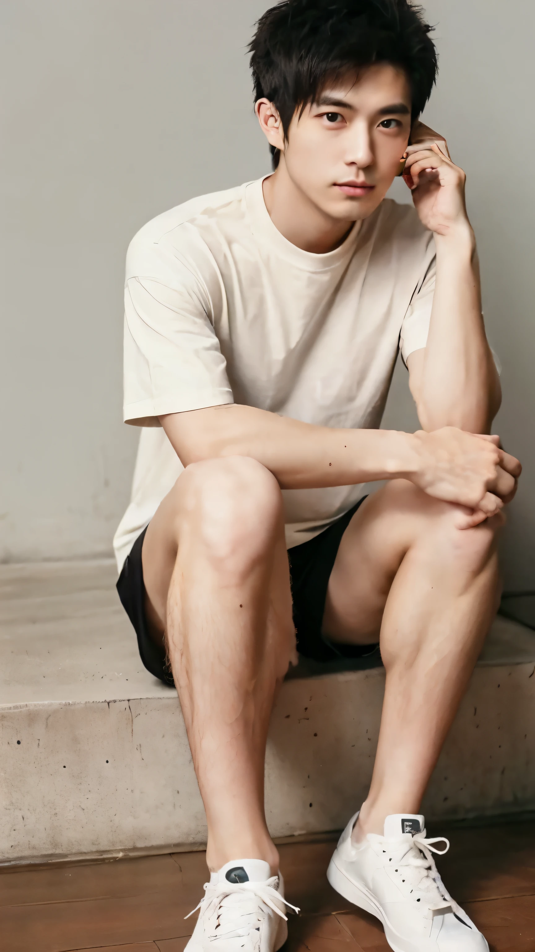 (super sharp focus), (hairy legs), hairy legs, toned legs, whole body, two block, messy shortt hair, long legs, Japan Male, 27 years old, wearing beige shorts, wearing a black T-shirt, very short hair, black hair