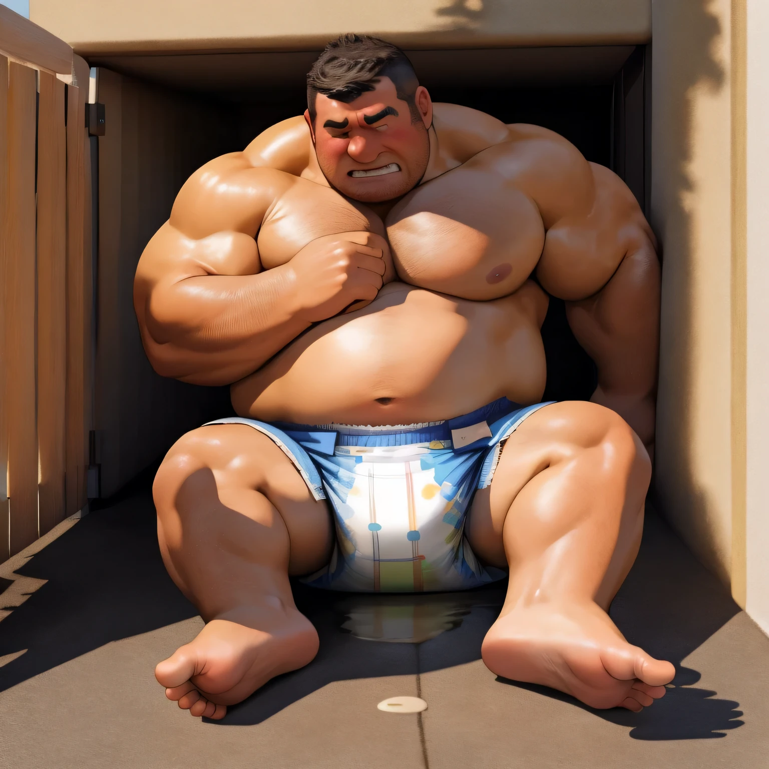 masterpiece, highest quality, At 32K, perfect fingers, very detailed, the fat man is a cruel prisoner, delay, human, 50s, (obesity: 0.5), fatty muscle, bowl leg, despondency, I was incontinent, 50s, Children check diapers, waddle, There is a small puddle under him, I was incontinent, naked, short legs, bowl leg, spread your legs, wear white cloth diapers, White diapers without pattern, Pampers, nakedのお腹, naked足, naked足, nakedの靴底, 上半身naked, wide forehead and short thin hair, A man with a big face and stubble, naked足, nakedの靴底, shy, sob, Drool, round face, vapor, alone, She enters a nursery school but is looked down upon by the children., he was surrounded by children, his ass is wet, naked足, big ass, he is scolded by the children, White diapers, laundry drying rope, he was surrounded by children, sob, wear white cloth diapers, 上半身naked, There is a small puddle under him, She enters a nursery school but is looked down upon by the children., big ass, sob, He waddle to go to children, on all fours