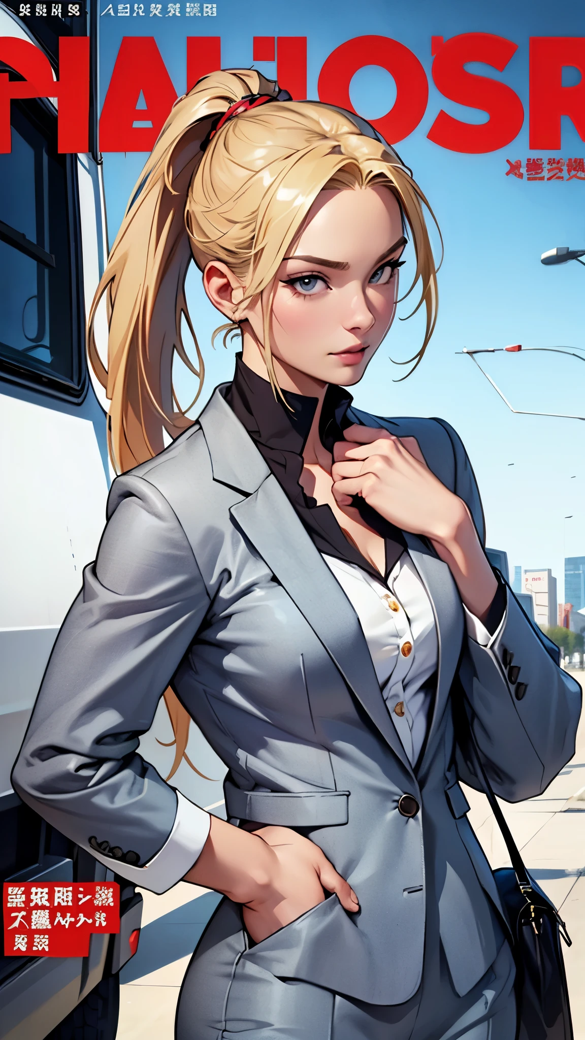High resolution、8K、middle-aged women、Slender body type、blonde hair、intellectual suit fashion、model pose、Fashion magazine cover、stylish、casual、intelligence、career woman、boss、Westerners、ponytail
