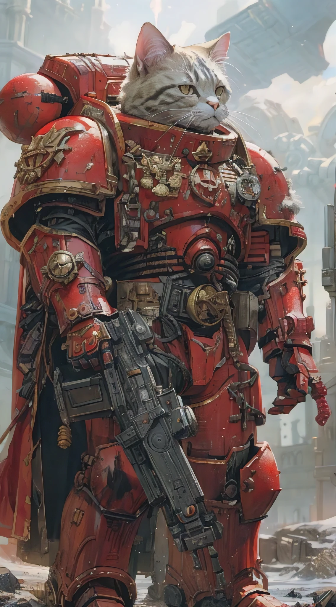 there is a cat that is standing in a space suit, warhammer 4 0 k artwork, warhammer 4k, warhammer 40k style, warhammer 4 0 k fantasy, crimson heavy armor, red heavy armor, portrait of space marine, warhammer 40k, warhammer 4 0 k, warhammer40k, warhammer 40k emperor of mankind