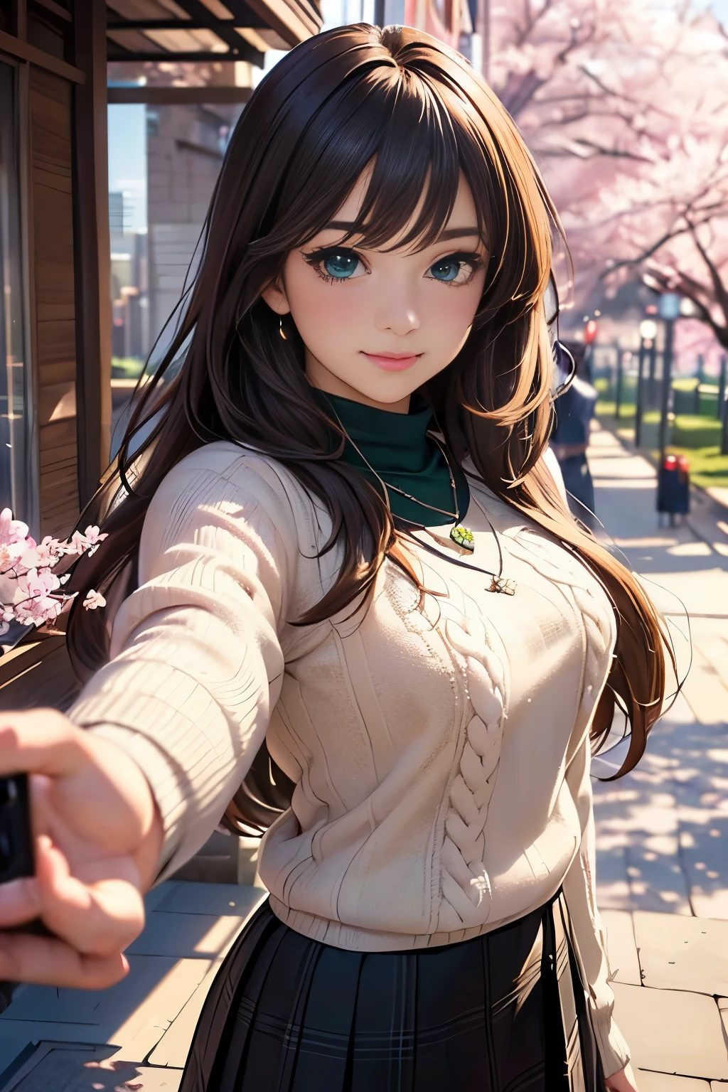 ((table top, highest quality, High resolution, nffsw, perfect pixel, written boundary depth, 4K, nffsw, nffsw))), 1 girl, single, alone, beautiful anime girl, beautiful art style, anime character, ((long hair, bangs, brown hair)), ((green eyes:1.4, round eyes, beautiful eyelashes, realistic eyes)), ((detailed face, blush:1.2)), ((smooth texture:0.75, realistic texture:0.65, realistic:1.1, Anime CG style)),  dynamic angle,  ((throw, Selfie Pose, portrait)), ((Black sweater, long sleeve, black skirt, plaid skirt, Fashionable, 1 diamond necklace)), smile,  amusement park, ((cherry blossoms, cherry blossomsの花が散る))