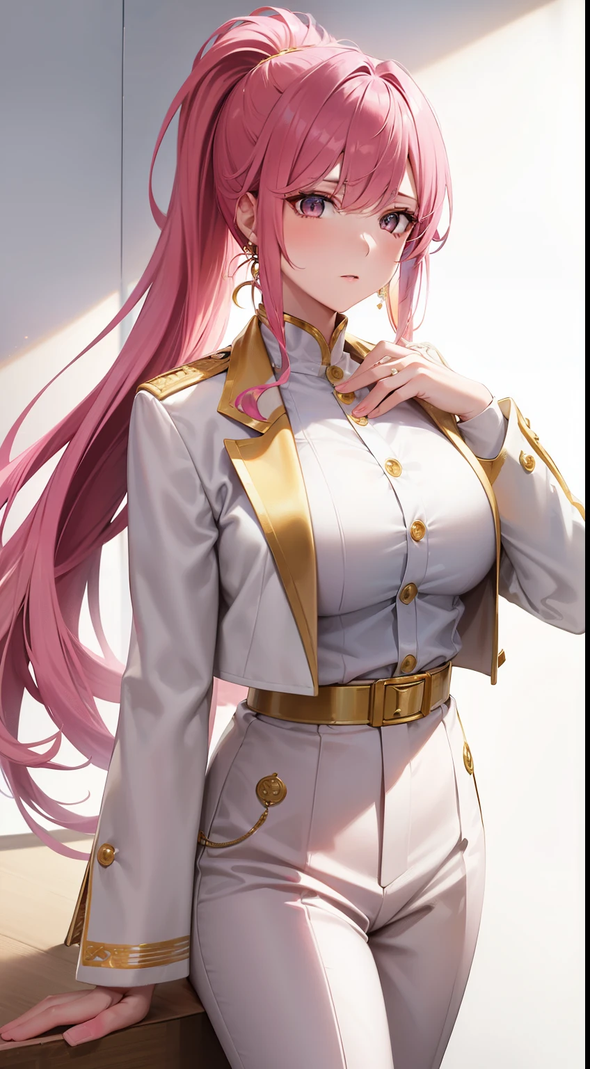 Adult woman, pink colored hair, high ponytail, golden eyes, white suit with gold elements, Masterpiece, hiquality