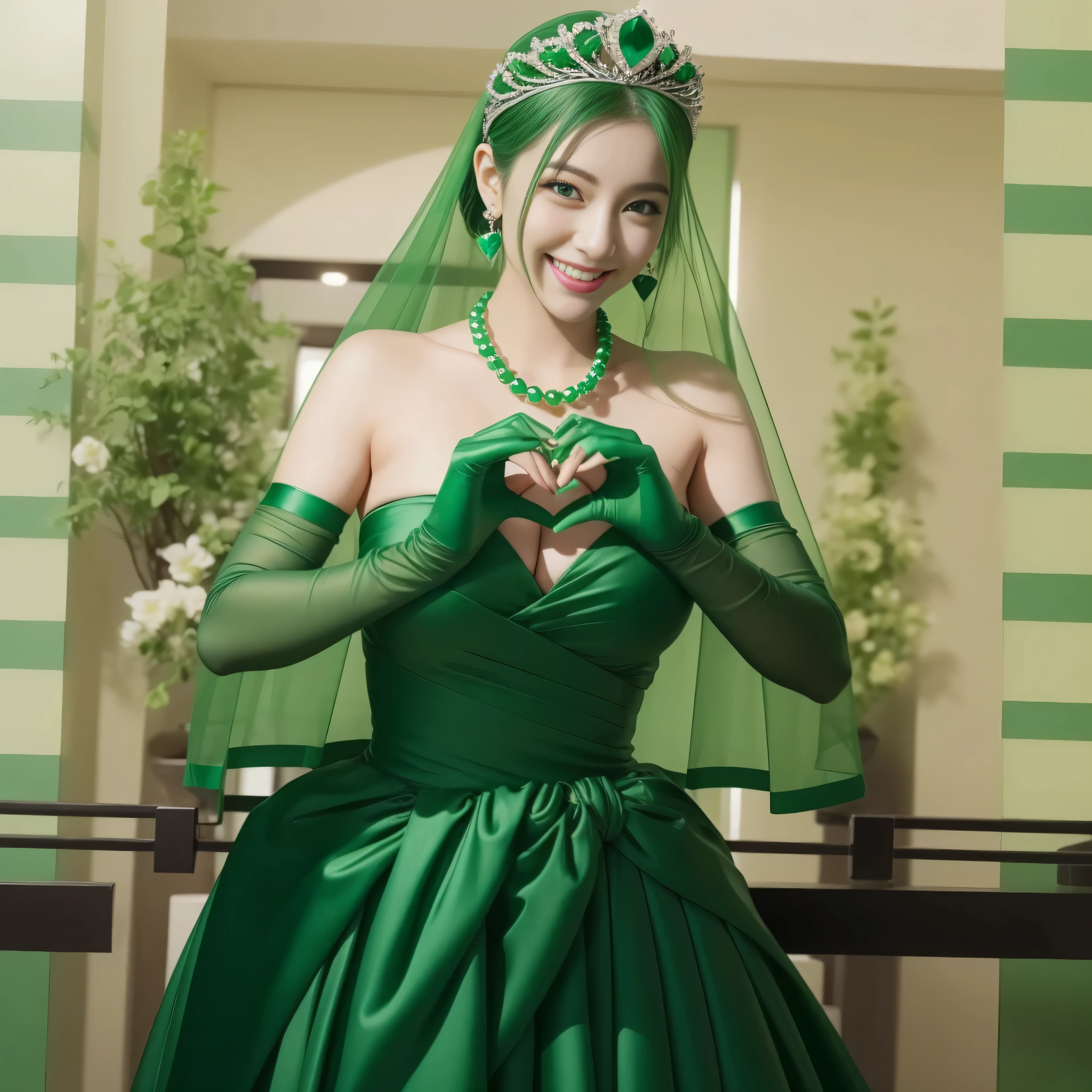 emerald tiara, green pearl necklace, ボーイッシュな非常に短いgreen hair, green lips, smiling Japanese woman, very short hair, Beauty with large breasts, green eyes, Long Green Satin Gloves, green eyes, emerald earrings, green veil, heart with both hands, green hair, beautiful japanese woman, heart shaped hand:1.3, green lip gloss, heart with both hands