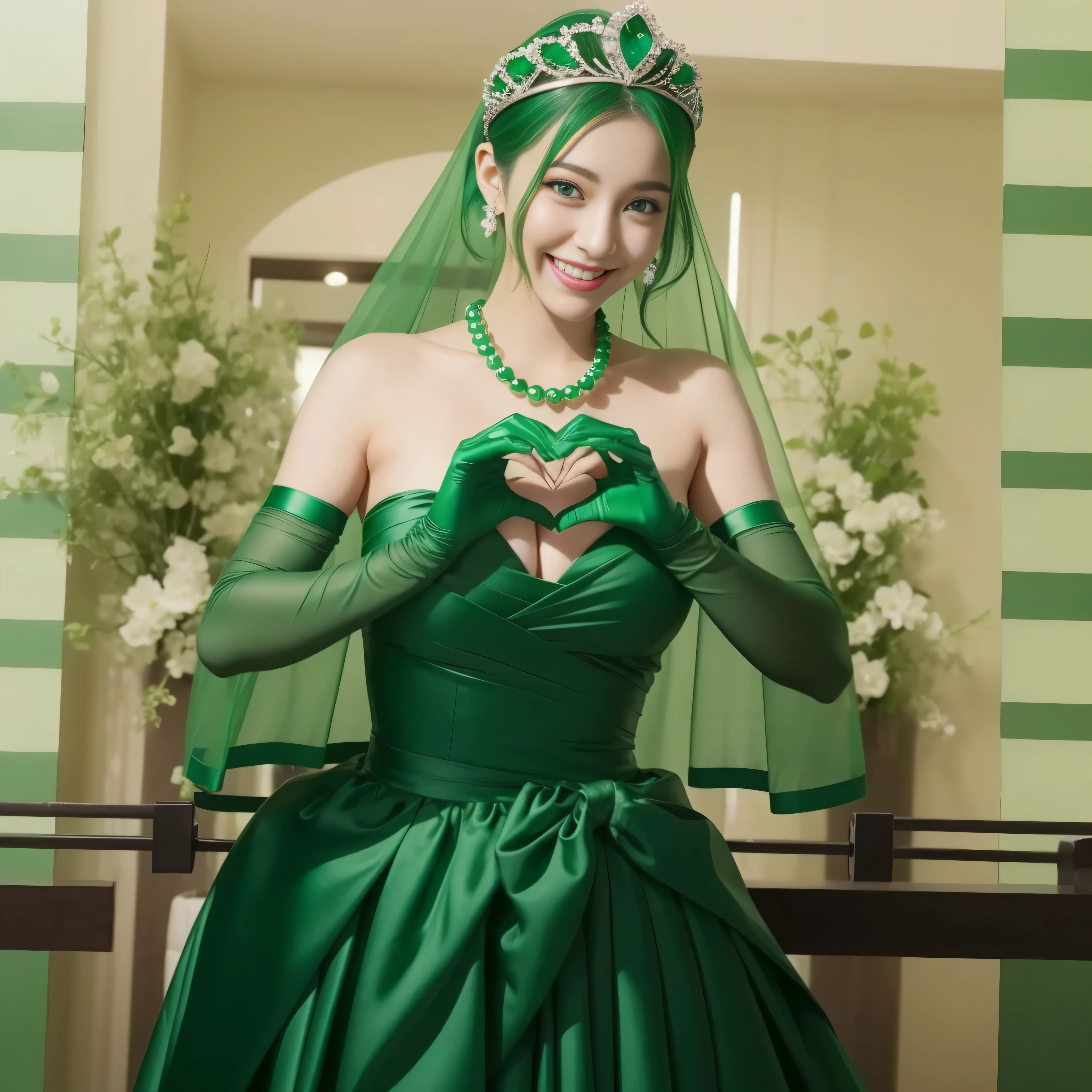 emerald tiara, green pearl necklace, ボーイッシュな非常に短いgreen hair, green lips, smiling Japanese woman, very short hair, Beauty with large breasts, green eyes, Long Green Satin Gloves, green eyes, emerald earrings, green veil, heart with both hands, green hair, beautiful japanese woman, heart shaped hand:1.3, green lip gloss, heart with both hands
