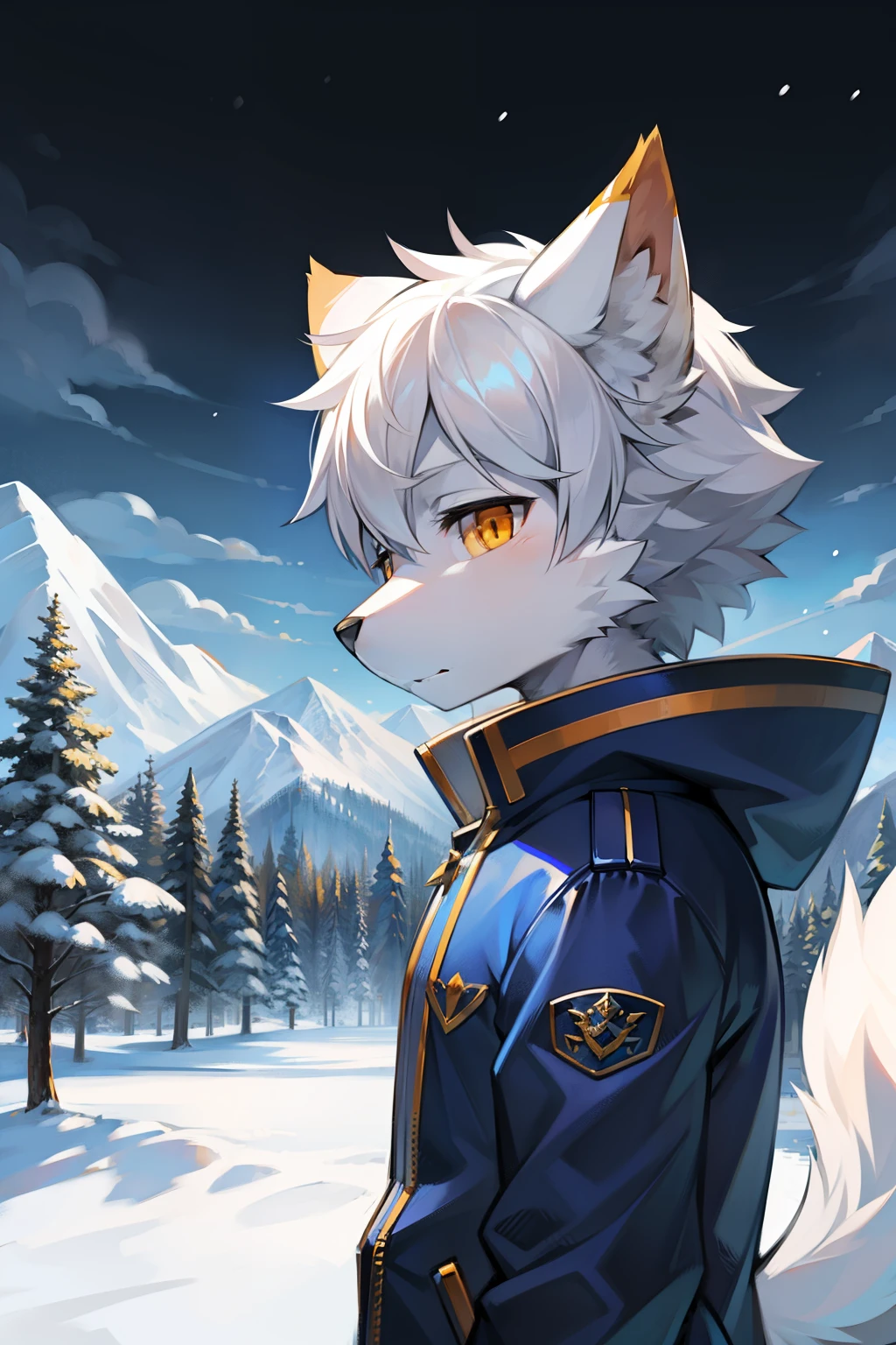 Snowy mountains Snow,full bodyesbian,Young Wolf,人物,tmasterpiece,Blue down jacket,furry tail,Highest image quality,8k,Full HD background,cartoony,adolable,kemono,male people,a plush,furry,White fur,White body,White ears,Orange-yellow eyes,solo person, Wolf tail, Wolf ears, ((half-body portrait)),Soft lines,Soft lines of clothing