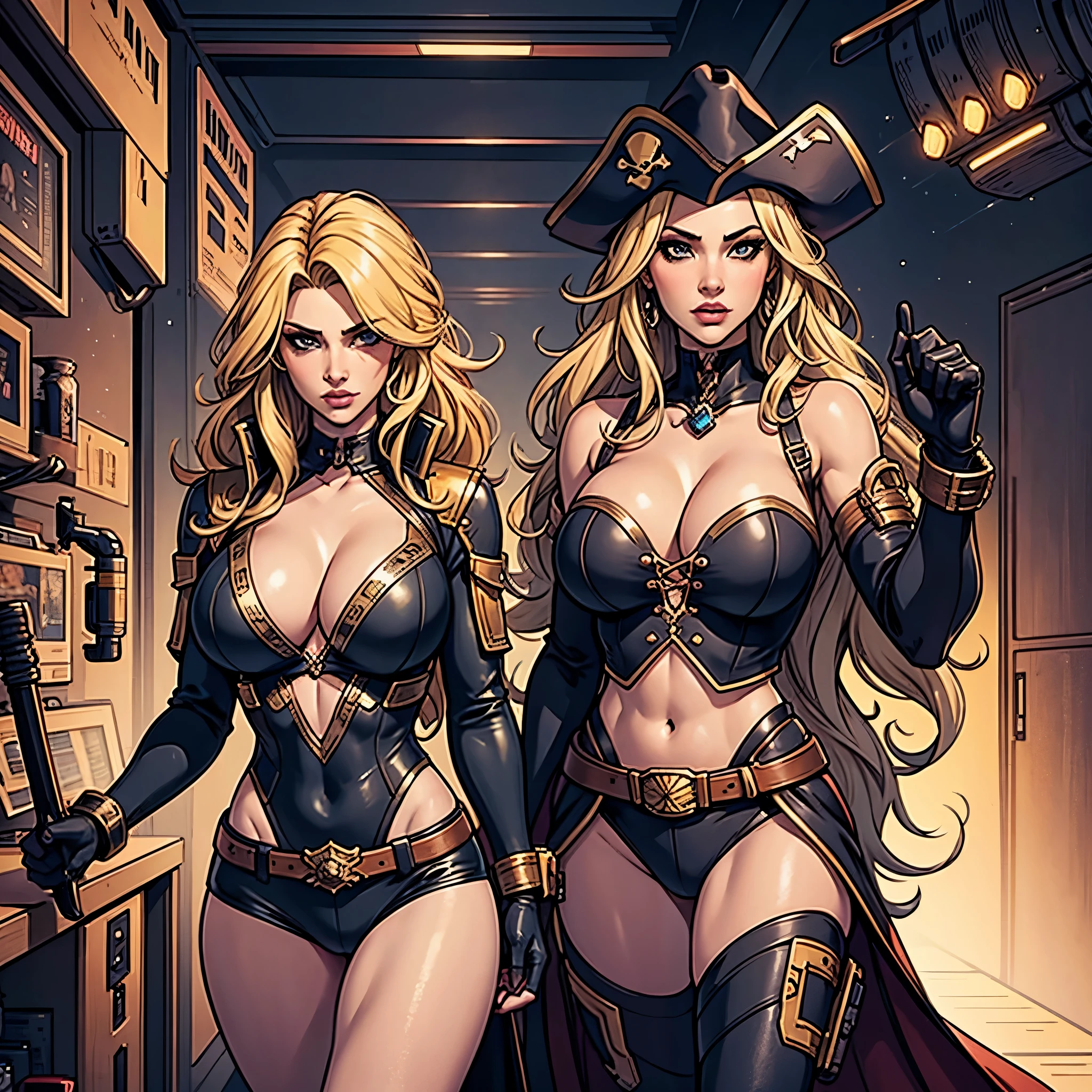 (sexy space pirate with clothing which is a mix of pirate clothing cowboy clothing and scifi clothing), (blonde), long curly hair, ((cleavage)), beautiful, sexy, a masterpiece, highly detailed, best quality, scifi technology, (((big breasts))), tight clothes, feisty, cute, pirate, cowgirl, science fiction, (saloon background with scifi elements)