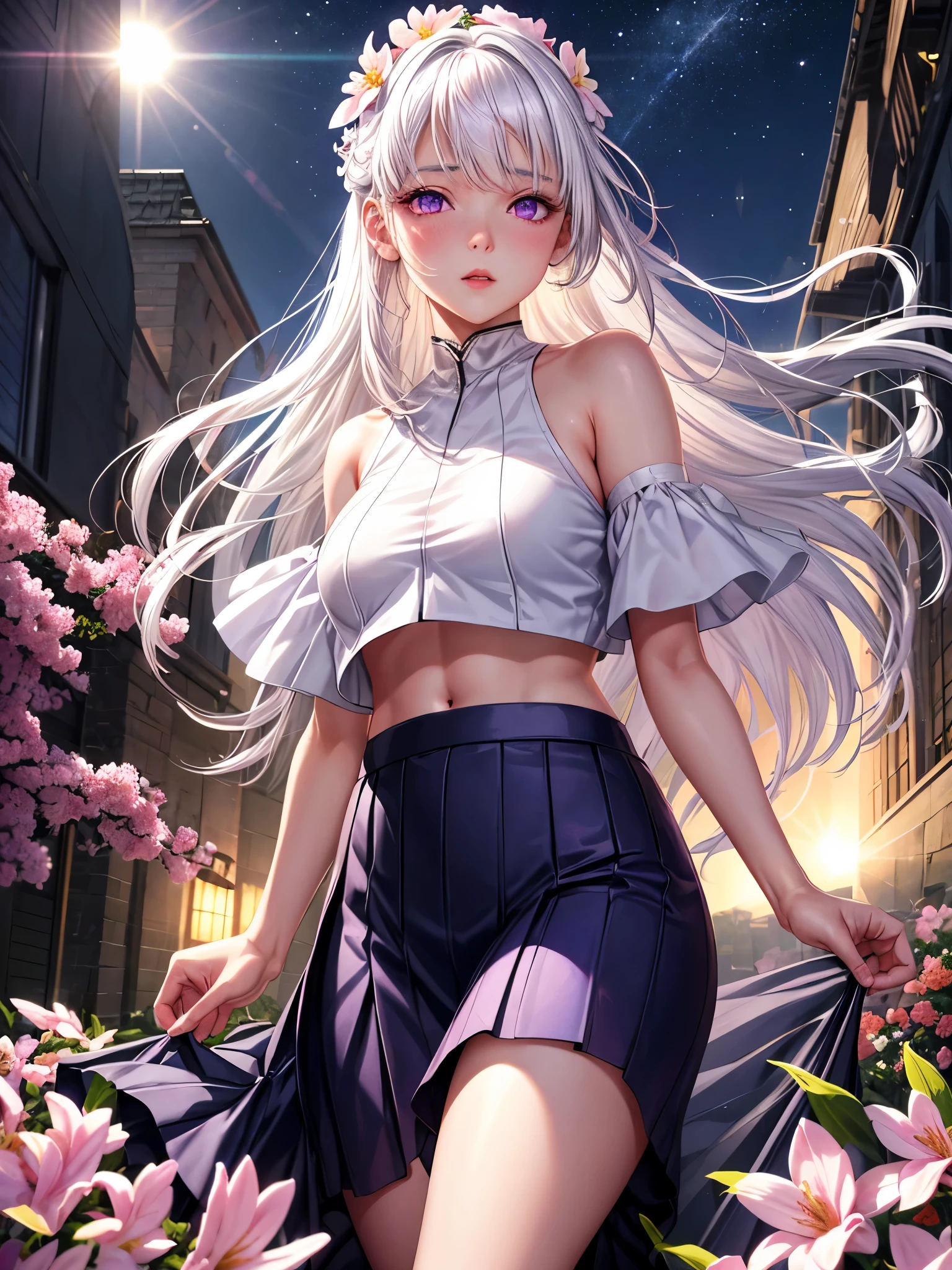 realistic, 1girl, white hair, purple eyes, glowing eyes, crop top, skirt, parted lips, blush, night, flowers, sun, sunlight,