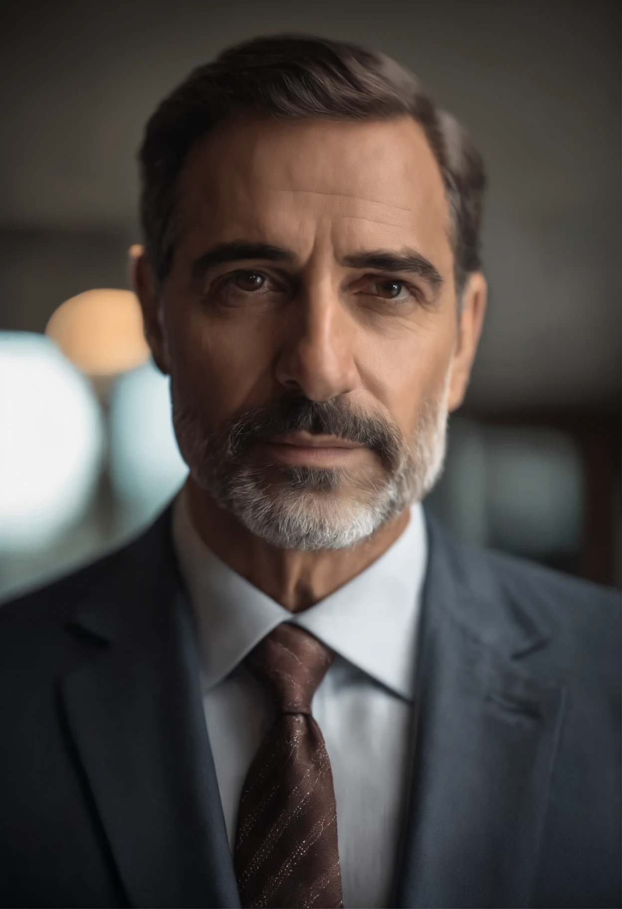 realistic portrait of middle-aged business profissional, 95 libras de peso, profissionally dressed in a suit and tie, alta qualidade, higher resolution, looking directly at the camera, profissional, belos olhos detalhados ligeiramente acastanhados, beautiful detailed lips, barba curta, cabelos curtos grisalhos;, gentle expression, sorriso caloroso, olhar diferenciado, adequate lighting, fundo simples, Canvas Medium, textura ultra-detalhada,obra de arte:1.2