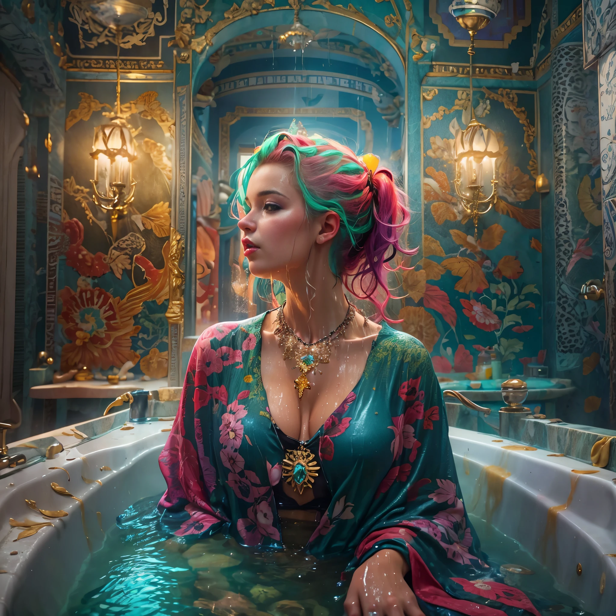 woman with colorful hair and necklace, fantasy palace, regal and ornate bathroom, emerging from her bathtub, wet robe, steamy, masterpiece, 8k, best quality