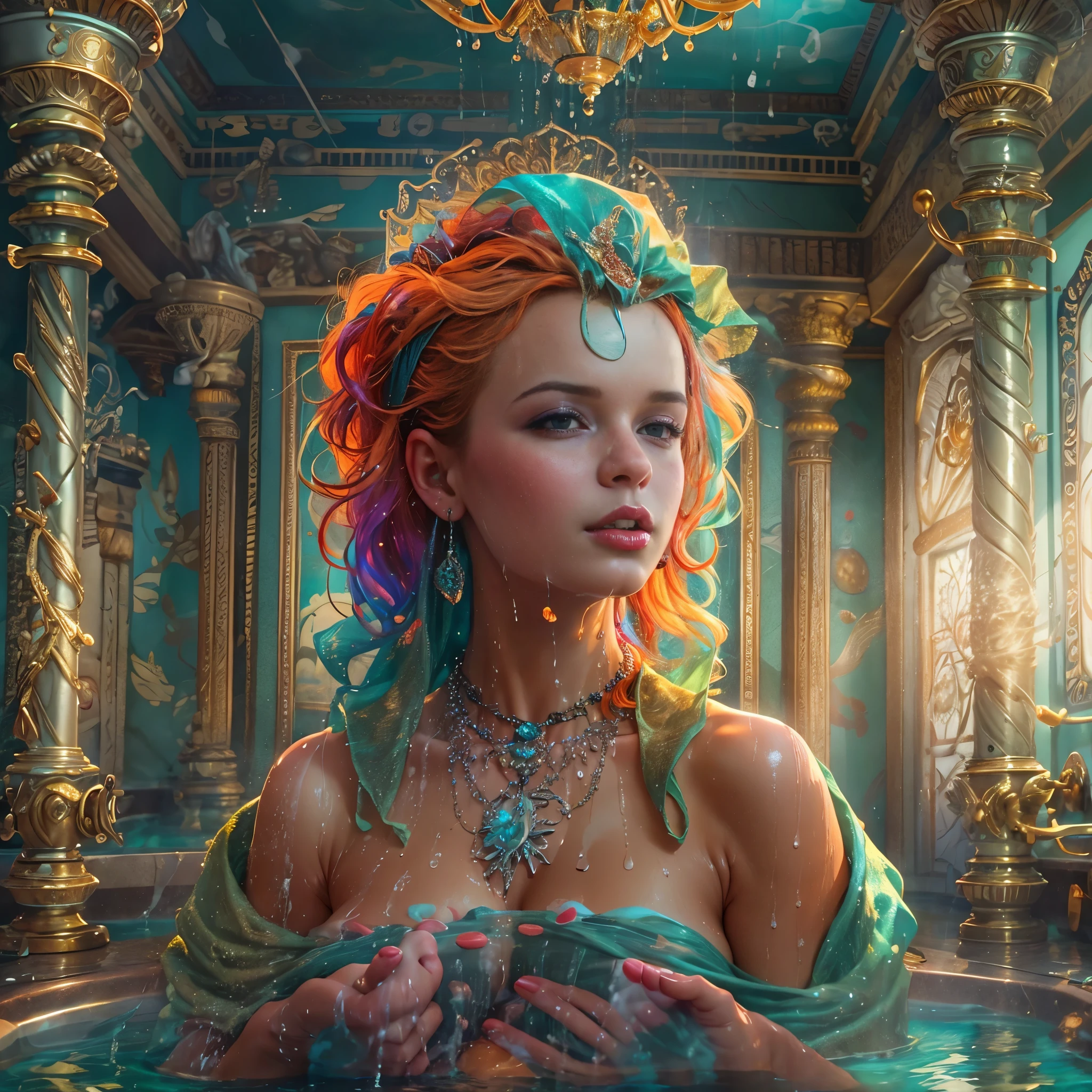 woman with colorful hair and necklace, fantasy palace, regal and ornate bathroom, emerging from her bathtub, wet robe, steamy, masterpiece, 8k, best quality