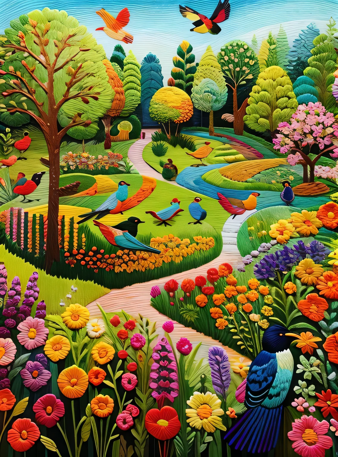 Embroidered garden and birds in many colors