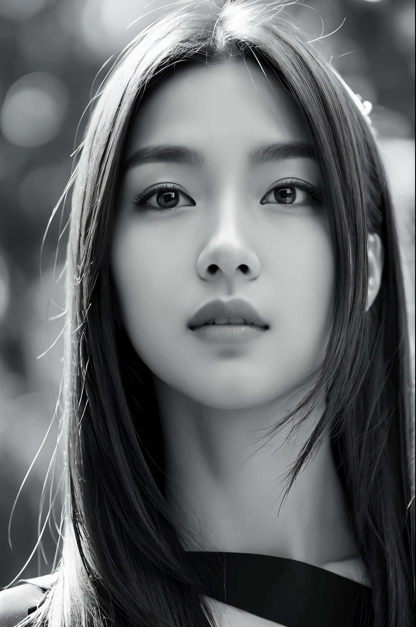Masterpiece, Best Quality, Photorealsitic, Ultra-detailed, finely detail, high resolution, 8k wallpaper, Professional, high level of detail, ((monochrome photo)), 1girl in, ((Facing the front)), ((Vermilion lips)), Detailed clavicle, face perfect, straight haired, (look at a camera)