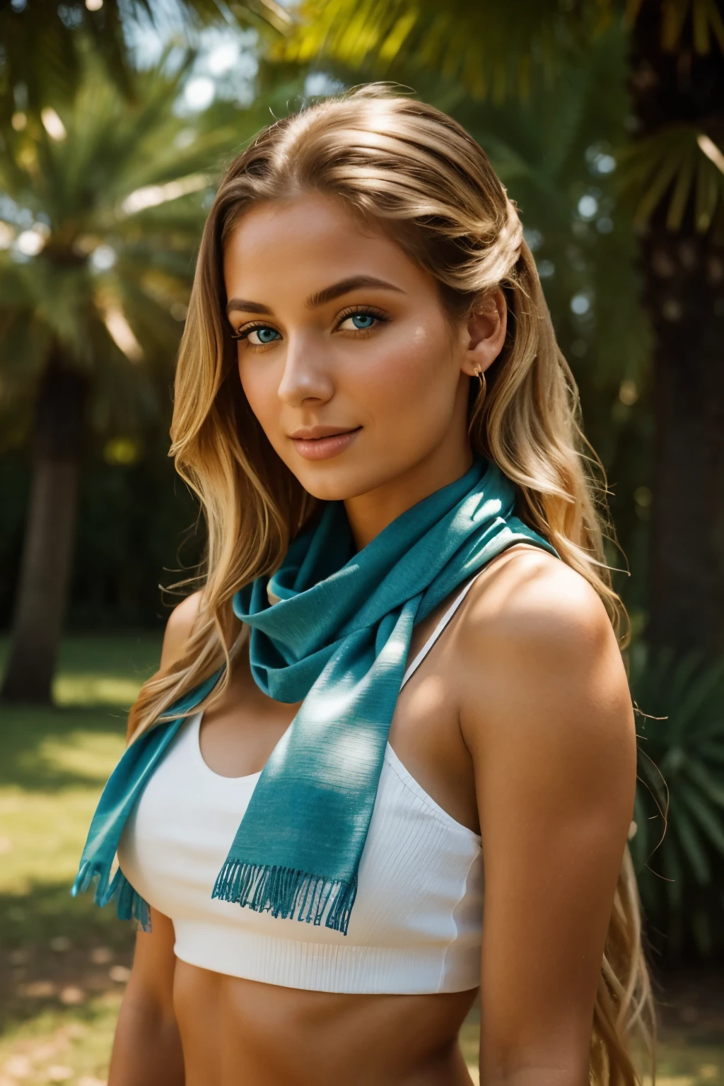 Beautiful French-Moroccan mix, 22 years old, in a lush park, showcases an enviable physique, her long blonde hair cascades down her shoulders in soft waves, 4k high-quality image reveals every detail, her deep-set blue eyes sparkle under the sun, her lips curved in a gentle smile, a hint of a vintage scarf around her neck adds a touch of elegance to her casual outfit, the sharp focus draws the viewer in, a true work of art.