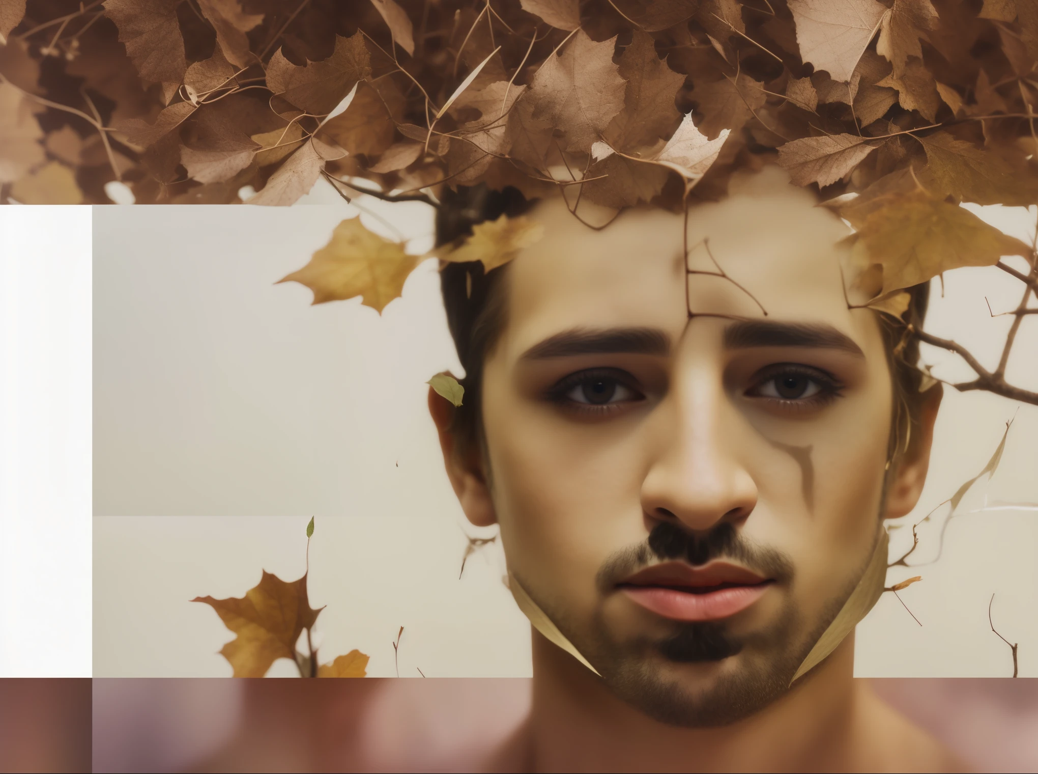 there is a man with a leaf on his head and a tree in the background, retrato vfx altamente detalhado, aykut aydogdu, retrato vfx altamente detalhado of, Rosto hiper-realista, rosto hiper realista, rosto fotorrealista, retrato de um artista faminto de IA, retrato hiper-realista, Rosto hiper-realistas, rosto de um homem, rosto hiper realistas