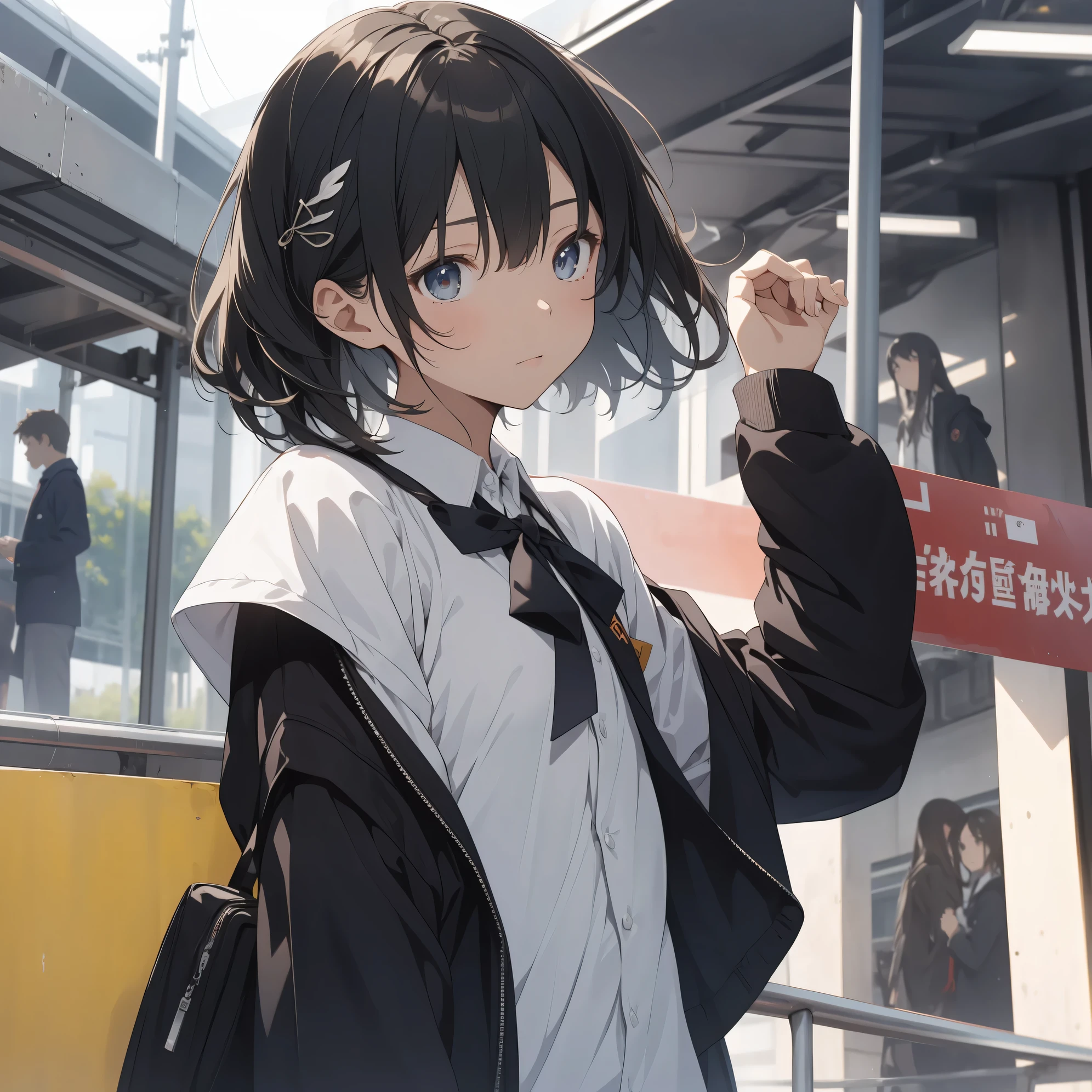 Super high quality by the art god, super detailed, High resolution, anime moe art style, best anime 8K konachan wallpaper, pixiv contest winner, perfect anatomy, break,(眠そうにalone学校へ行く女の子を描いてください. )break, 1 girl, (alone,little woman, lolita, , 13 years old:1.3),All limbs, full finger,, The charm of an immature body, (very short hair), flat chest, small ass, between legs, Small black eyes, beautiful and fine eyes, Well-proportioned iris and pupils, expressive eyes, disgusted eyes, High resolutionの詳細な髪, ribbon, skirt, collared shirt, hair ornaments, neck ribbon, pleated skirt, school uniform, shirt, white shirt, (detailed lighting), (detailed background), On the way to school. break,super dense skin, Best lighting by famous artists, 8K, figure,UHD, rough skin