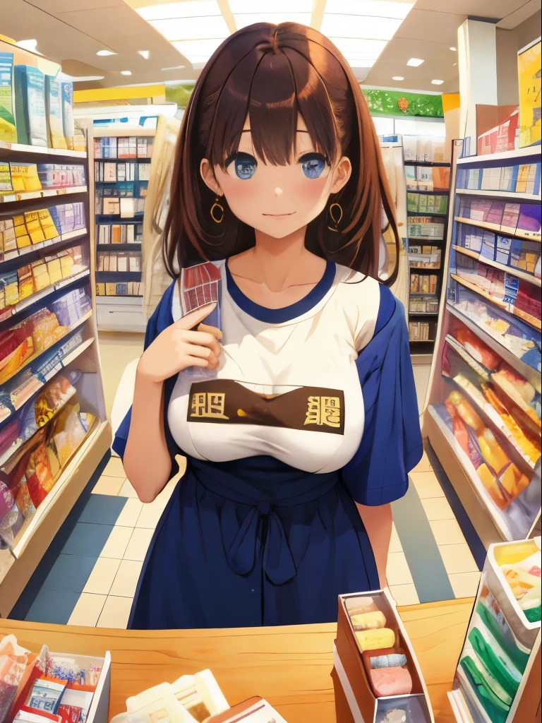 masterpiece, highest quality,1 girl、(big breasts、big breastsの谷間、Slender body)、Long T-shirt Dress、My shoulders came out、convenience store、Standing in line at the cash register、embarrassed face、upward glance、Angle from above、box of condoms on the cash register、