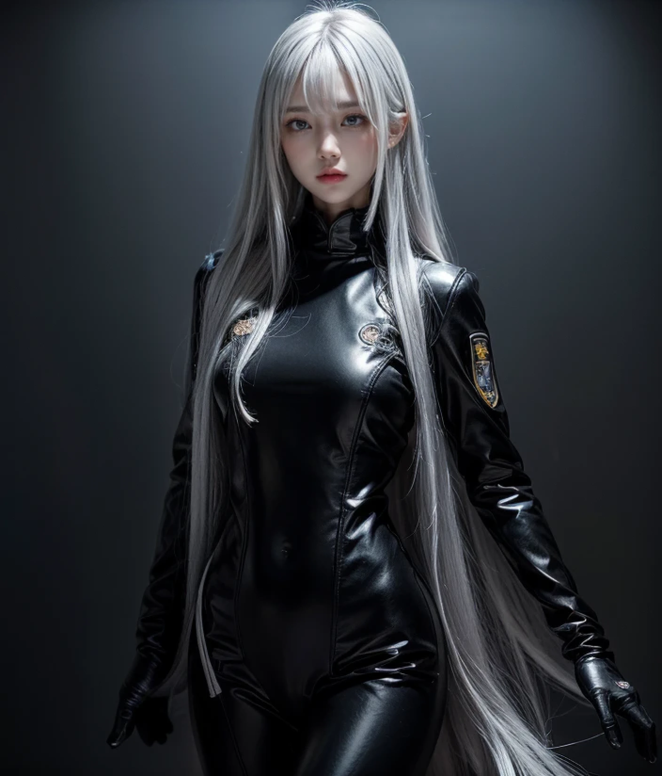 shiny hair,4 fingers,{{{{{White eyes}}}}},{{{{{White eyes}}}}},{long hair},{{straight hair}},gloves,black clothes,black military suit,{military},{{{{{dull bangs}}}}},Hard hair,(slanted eyes},{{whole body},{{{1 girl}}}, {{{{silver hair}}}},{{{Tsurime}}},36 years old,white people,Silvery eyes,thin,{{{masterpiece}}}, {{{highest quality}}}, {{super detailed}}, {figure}, {{very delicate and beautiful}},very detailed,Detailed Perfection,detailed hyper,military用または海militaryの制服