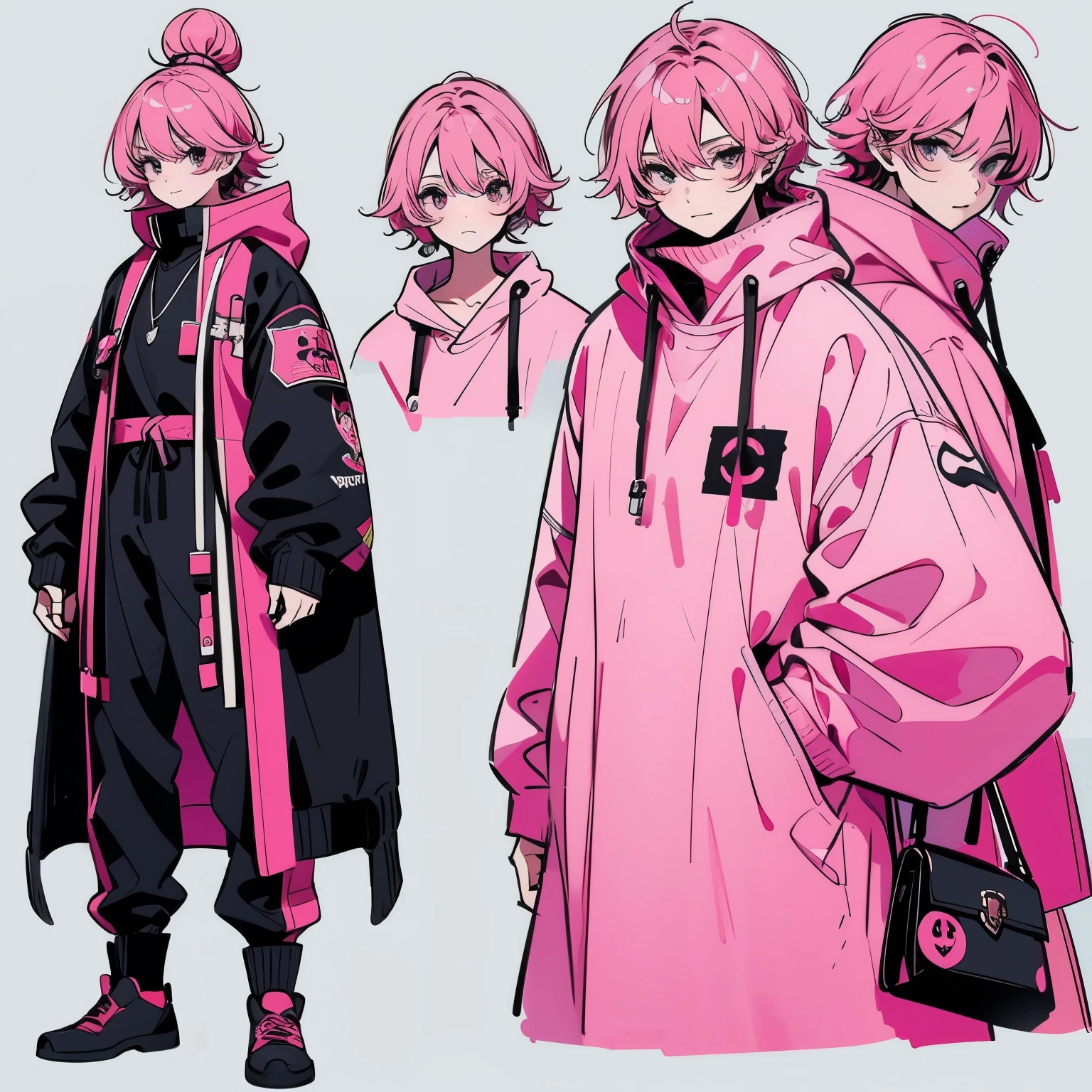1 Han , full body pose sheet, different angles, (pink hair, black eye)