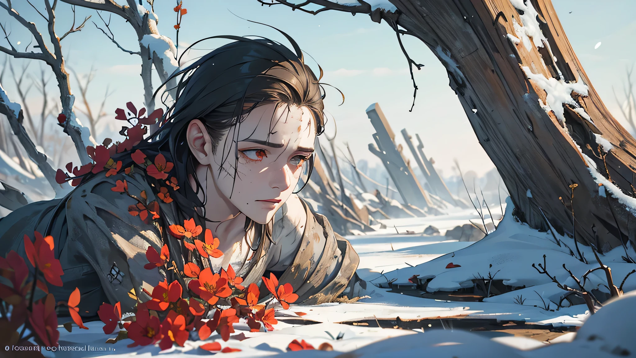 obra de arte, uma cena nada convencional, uma paisagem de um homem feio, Sozinho, raso com neve e flores,best quality at its core, Realista e corajoso, ultra-detalhado, (aged and rough skin: 1.8), instigante, olhando para longe, short and stocky build, Careca, olhos profundos, inexpressivo, Dramatic contrast of light and shadow, high resolution, sharp focus, profundidade de campo, texturas mais finas, intrinsecamente detalhado, (verrugas e cicatrizes: 1.2), barren trees, manchas de neve derretida, vibrant red and yellow flowers growing through the cracks in the frozen ground, um sentido sutil