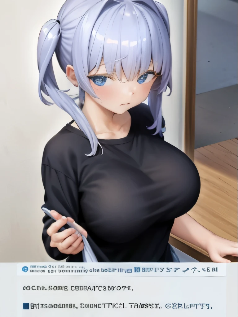 masterpiece, highest quality,1 girl、(big breasts、big breastsの谷間、下は履いていない、 オフショルダー、Slender body)、超ラージサイズのLong T-shirt 、My shoulders came out、convenience store、Standing in line at the cash register、embarrassed face、upward glance、Angle from above、box of condoms on the cash register、