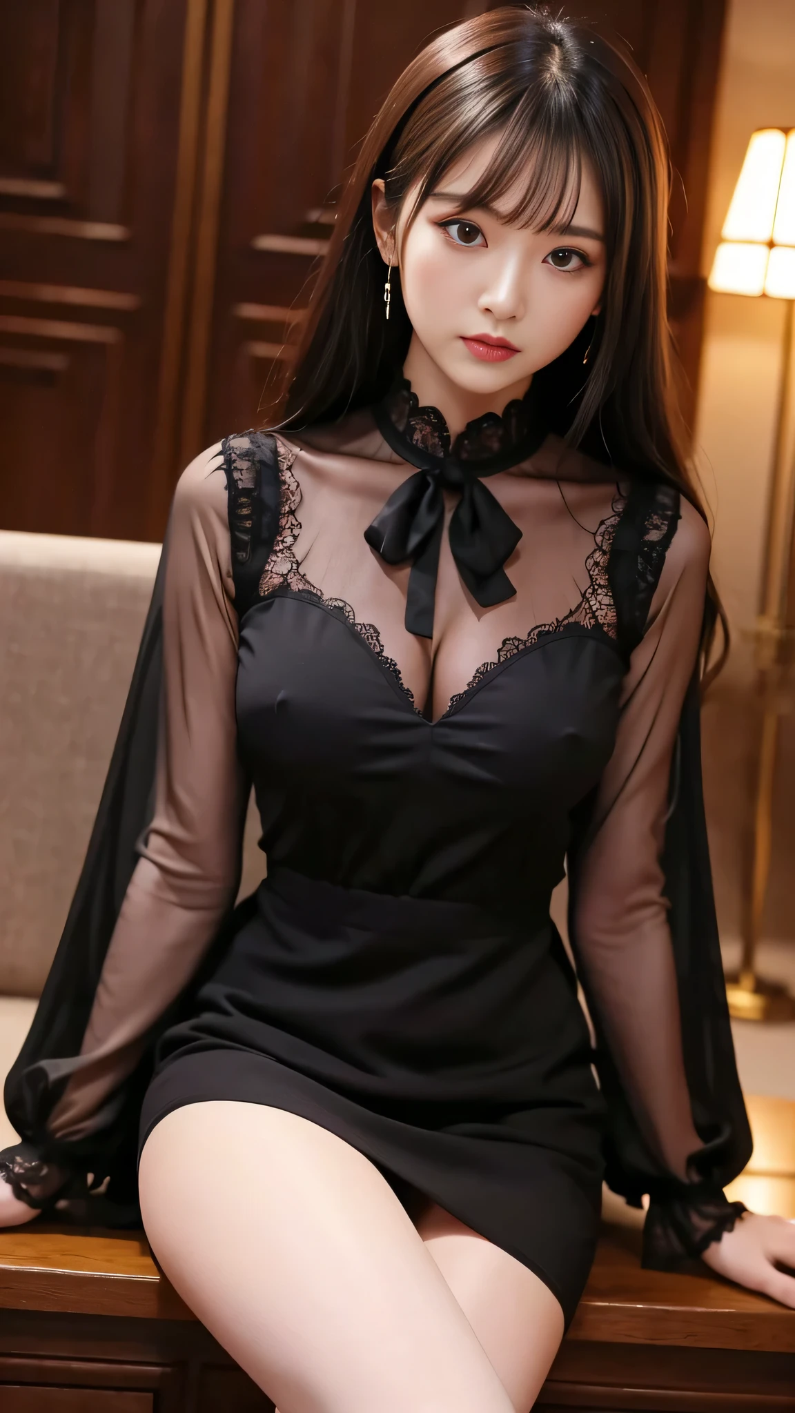 Super detailed、Japanese、charming beauty、seductive adult woman、Dainty woman、sharp eyes、cool girl、wavy hair、suit、Black chiffon、lacy fabric、wide sleeve、wearing a lace insert dress、white blouse、Tight Skirt、skin color pantyhose、Shiny legs、evilの幹部、evil depravity、brainwashing、Mind control、lipstick、grin、邪evilなな表情、evil、empty eyes、邪evilな、Church at night、reach out