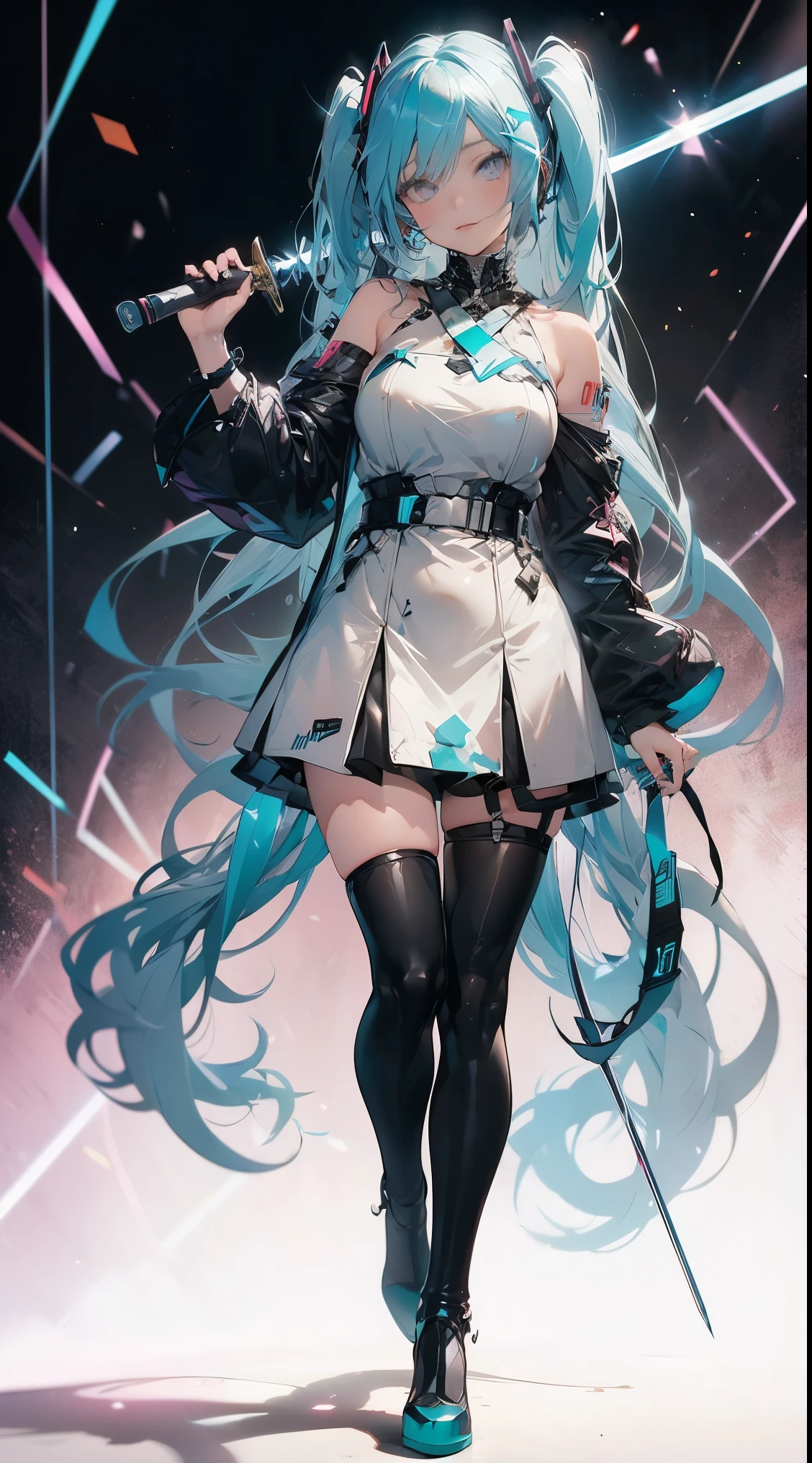Anime girl with long blue hair and white shirt holding sword, mikudayo, Hatsune Miku, Anime moe art style, android heroine, official character art, Portrait of Hatsune Miku, Os amigos, Anime girl with teal hair, Best anime 4k konachan wallpaper, !!Full body portrait!!, full body commission for, hatsune miku portrait,cyber punk,black and white clothes,