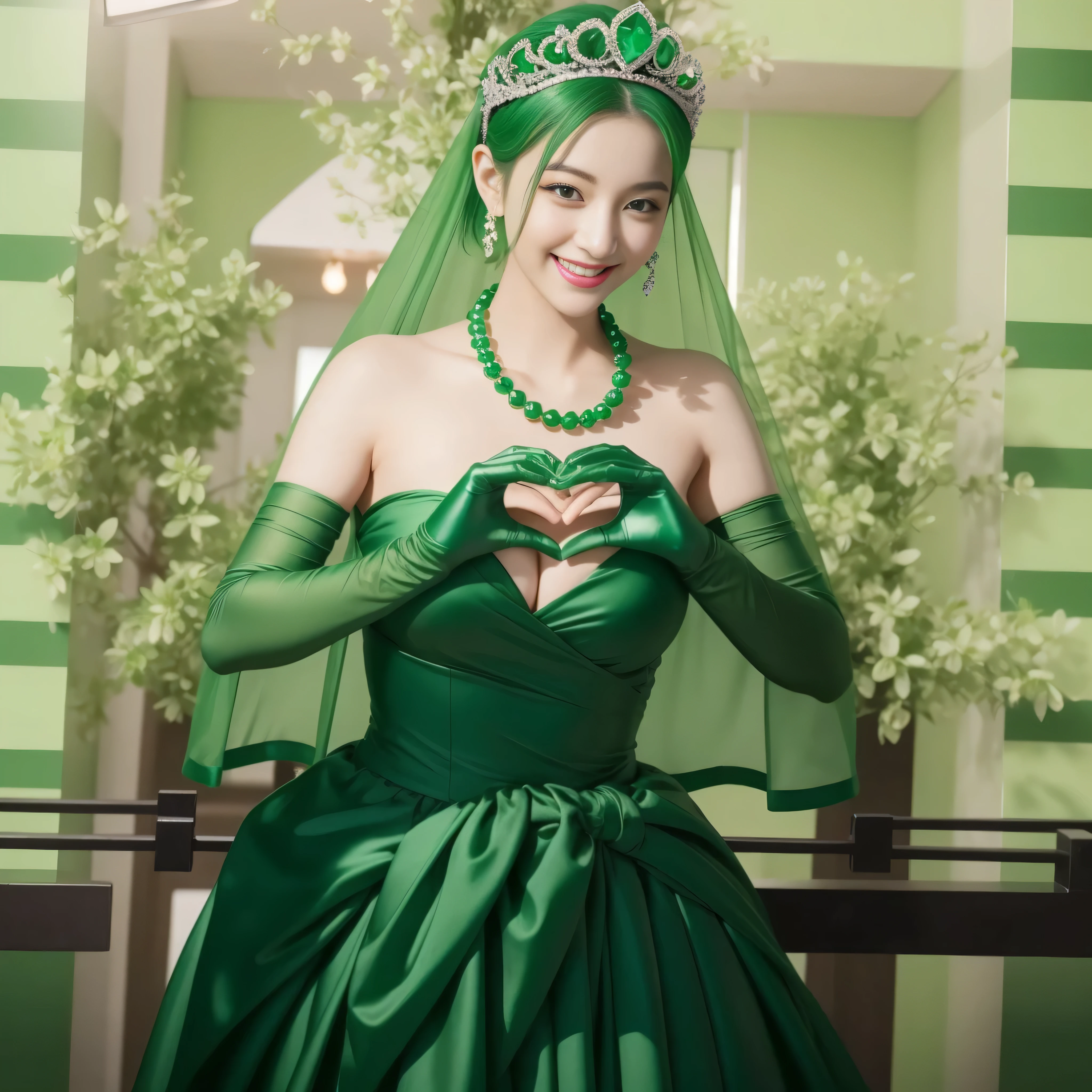 emerald tiara, green pearl necklace, ボーイッシュな非常に短いgreen hair, lipstick, smiling Japanese woman, very short hair, Beauty with large breasts, green eyes, Long Green Satin Gloves, green eyes, emerald earrings, green veil, heart with both hands, green hair, beautiful japanese woman, heart shaped hand:1.3, green lip gloss