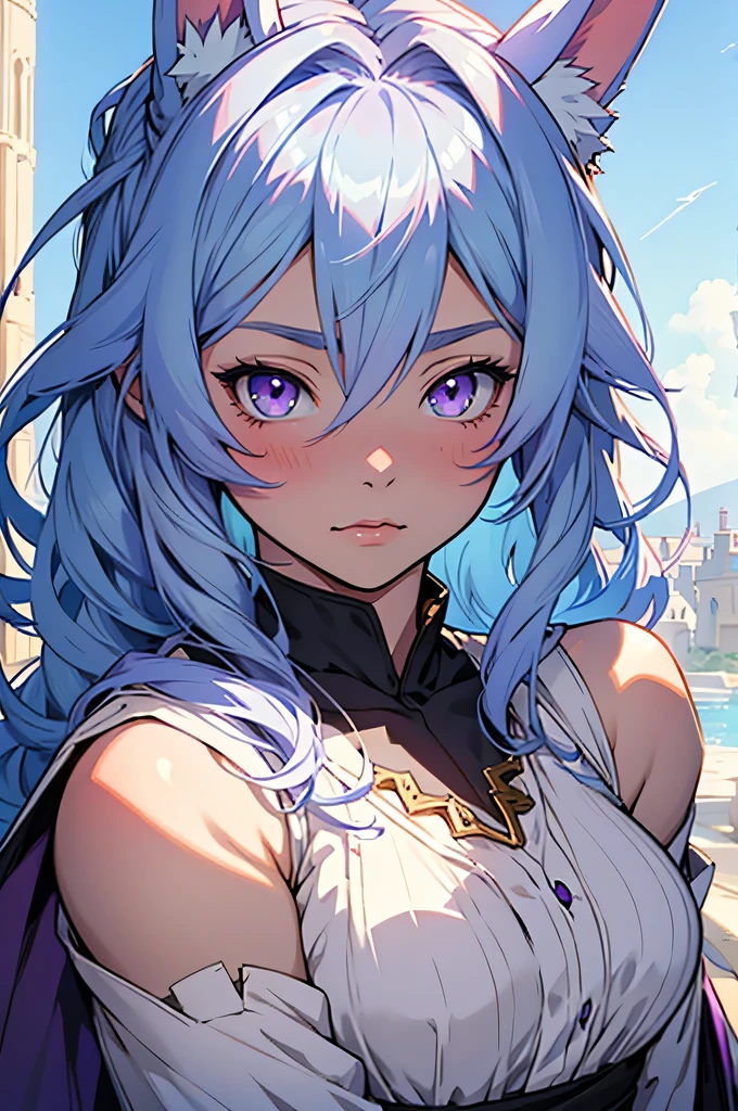 anime, masterpiece, best quality, by professional artist, female, solo, upper body portrait, detailed composition, detailed eyes, detailed hair, light blue hair, bright purple eyes, bunny ears, innocent, blush, young, magical robes, medieval fantasy art