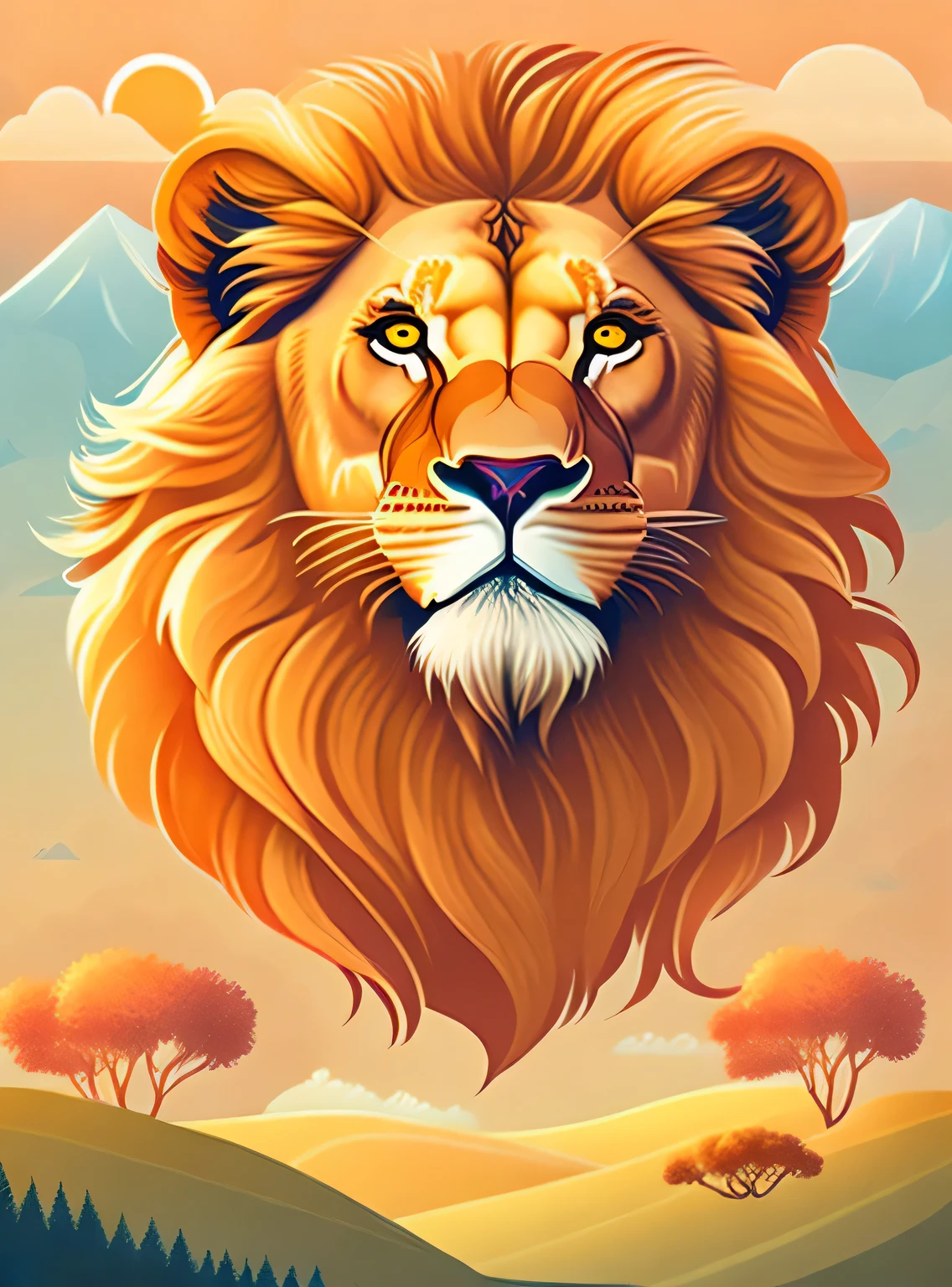 A lion with mane in a summer landscape, Design de camiseta, rzminjornada, arte vetorial