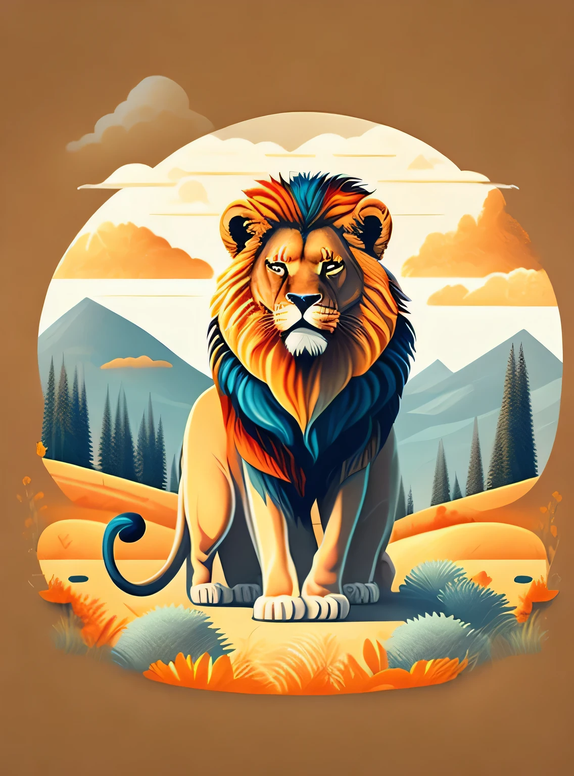 A lion with mane in a summer landscape, Design de camiseta, rzminjornada, arte vetorial