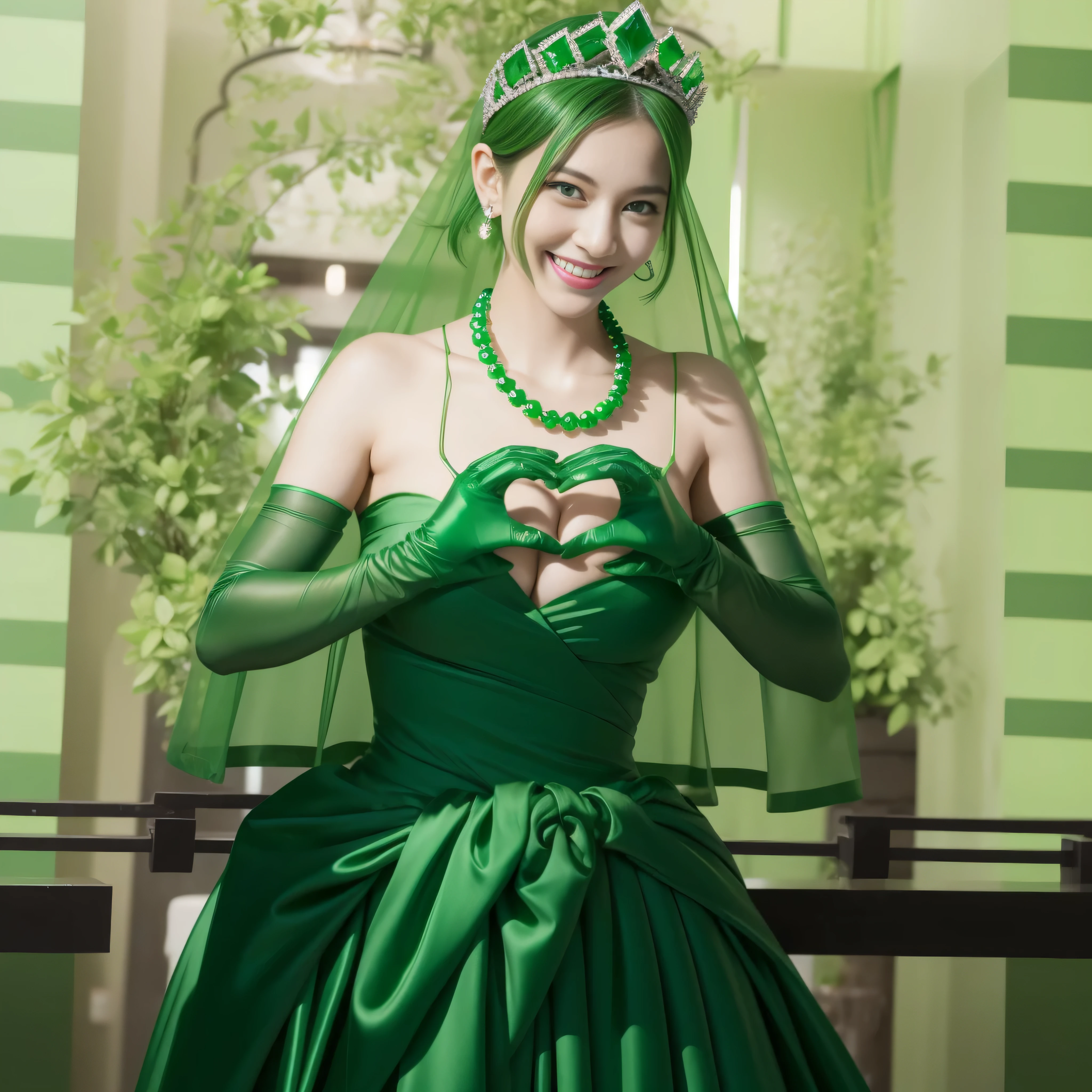 emerald tiara, green pearl necklace, boyish very short green hair, lipstick, smiling Japanese woman, very short hair, big breasts beautiful, green eyes, Long Green Satin Gloves, green eyes, V sign, emerald earrings, green veil, green lip gloss