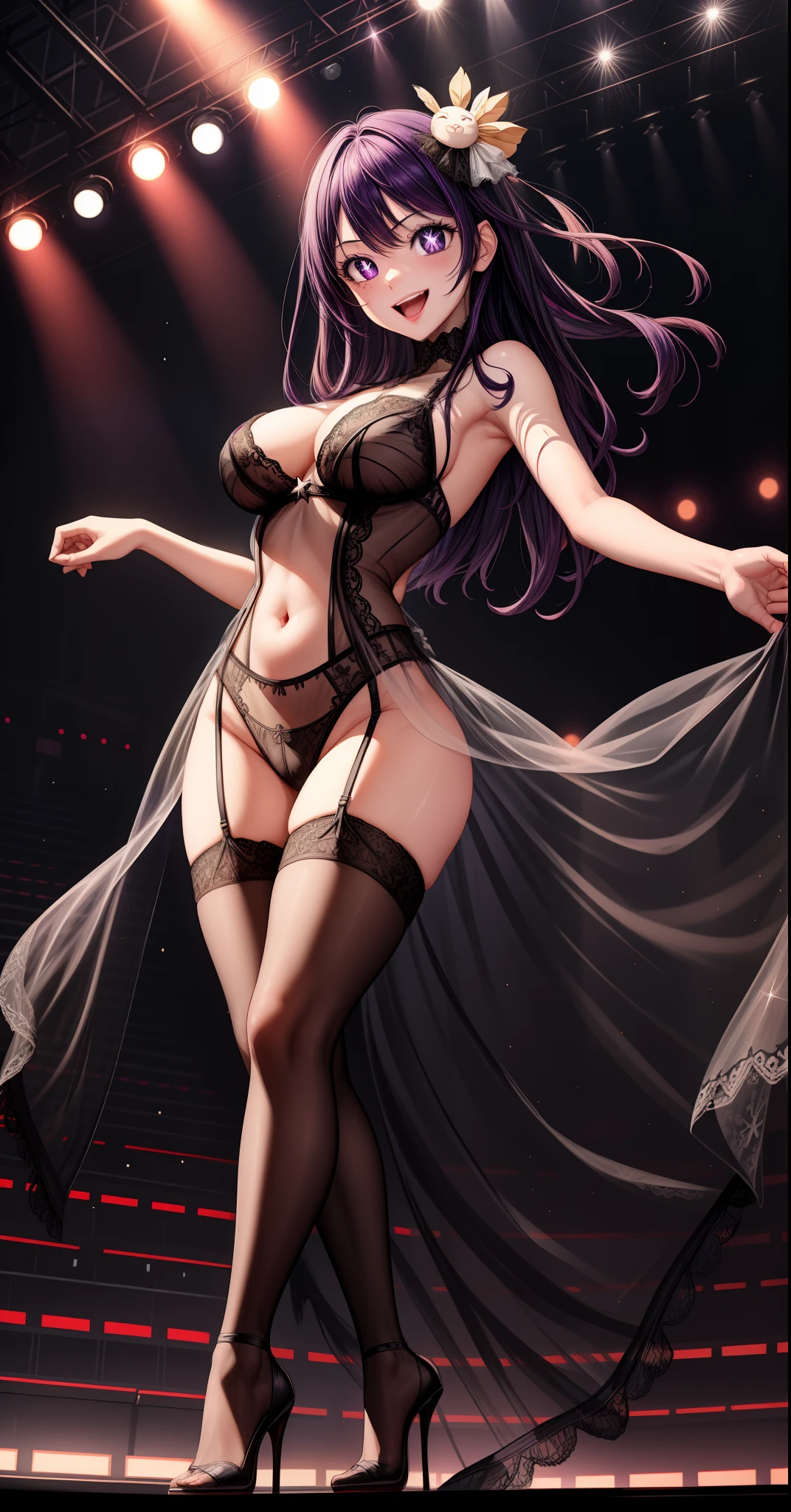 anime, beautiful face, highly detailed face, (2 accurate legs:1), purple detailed eyes, star shaped pupils, highly detailed background, perfect stage lighting, best lighting, hair ornament, 1girl, solo, ai hoshino, oshi no ko, indoors, idol concert, performing at a concert, concert arena background, (beautiful purple hair:1.2), absurdres, high res, ultrasharp, 8K, masterpiece, looking at viewer, excited smile, BREAK (detailed black sexy body stockings:1.2), (intricate all lace:1.4), (beautiful black heels:1.2), (transparency:1.6), dancing pose