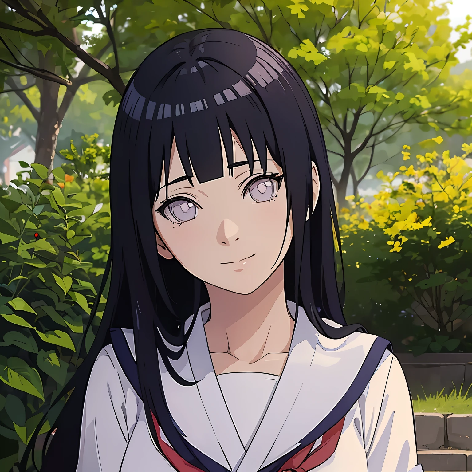 anime character, Hinata Hyuga, Japanese school uniform, photo shoot, portrait, smile expression, very perfect hands, realistic light and shadow, natural, very perfect, very detailed