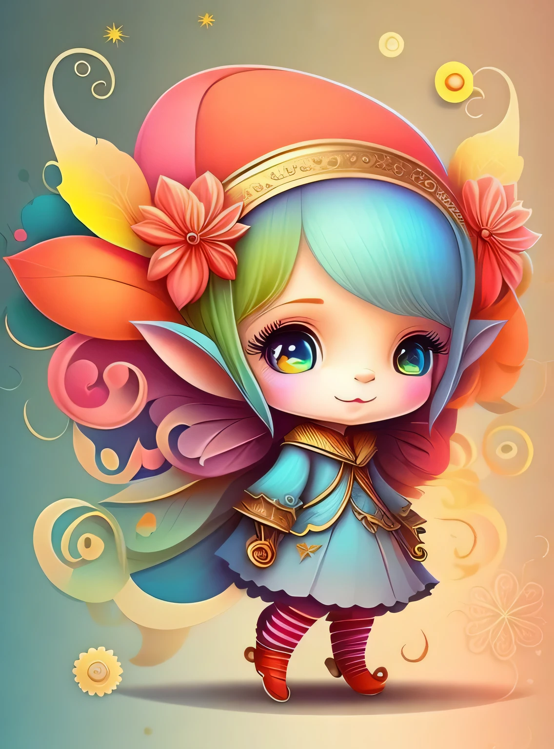 the colorida abstract of cute little fairy and elfs, (colorida,altamente detalhado,arte vetorial)