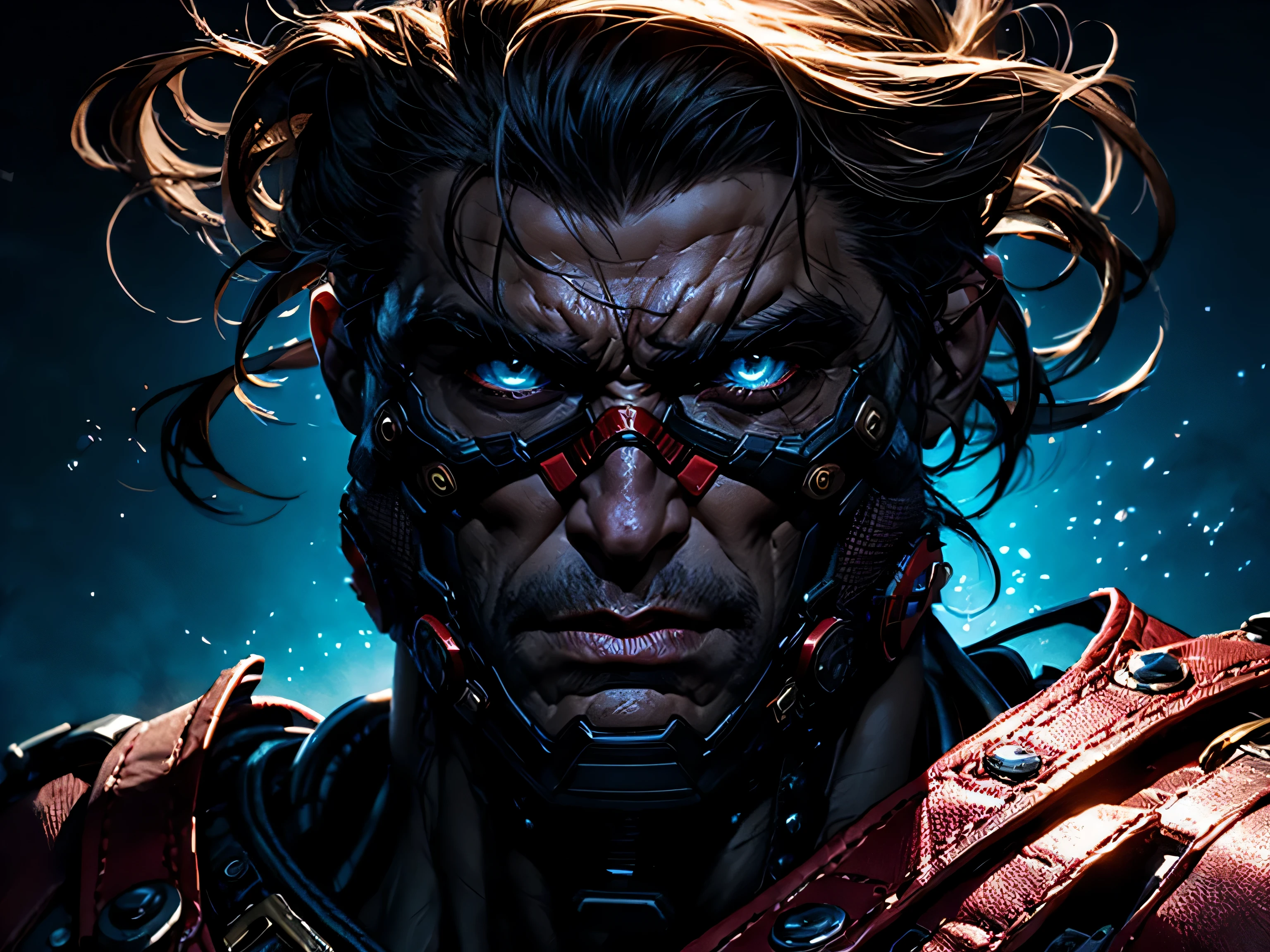 1 hombre guapo y musculoso, post apocalyptic, guerrero, Rostro y cuerpo perfectamente detallados, para la portada de la revista Heavy Metal, dynamic pose, cabello hermoso y detallado, ropa de cuero, Realista, fotorrealista, 8k, Fotos CRUDAS, Calidad premium, obra maestra, epic lighting. de cerca, Imagen centrada