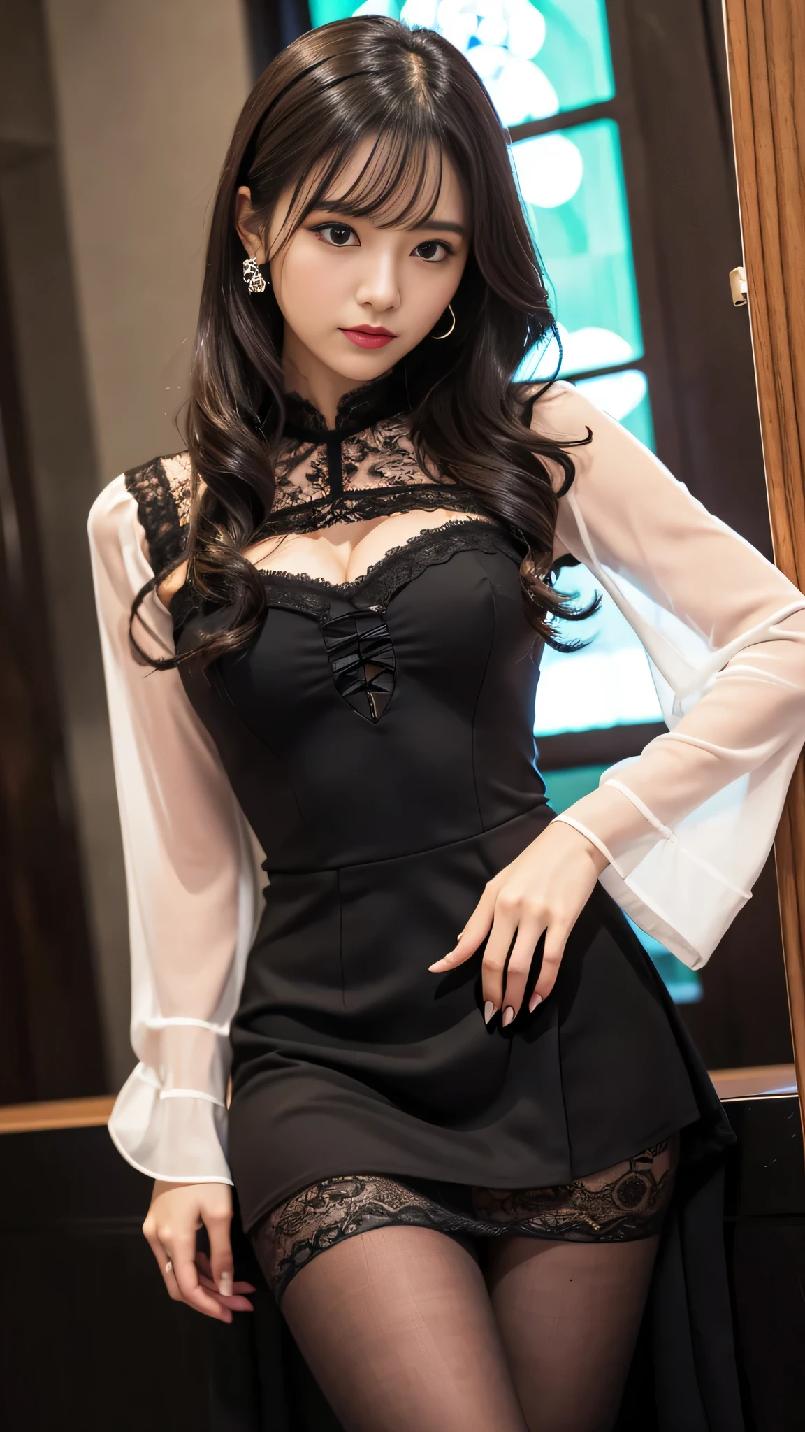 Super detailed、Japanese、charming beauty、seductive adult woman、Dainty woman、sharp eyes、cool girl、wavy hair、suit、Black chiffon、lacy fabric、wide sleeve、wearing a lace insert dress、white blouse、Tight Skirt、skin color pantyhose、Shiny legs、evilの幹部、evil depravity、brainwashing、Mind control、lipstick、grin、邪evilなな表情、evil、empty eyes、邪evilな、Church at night、reach out