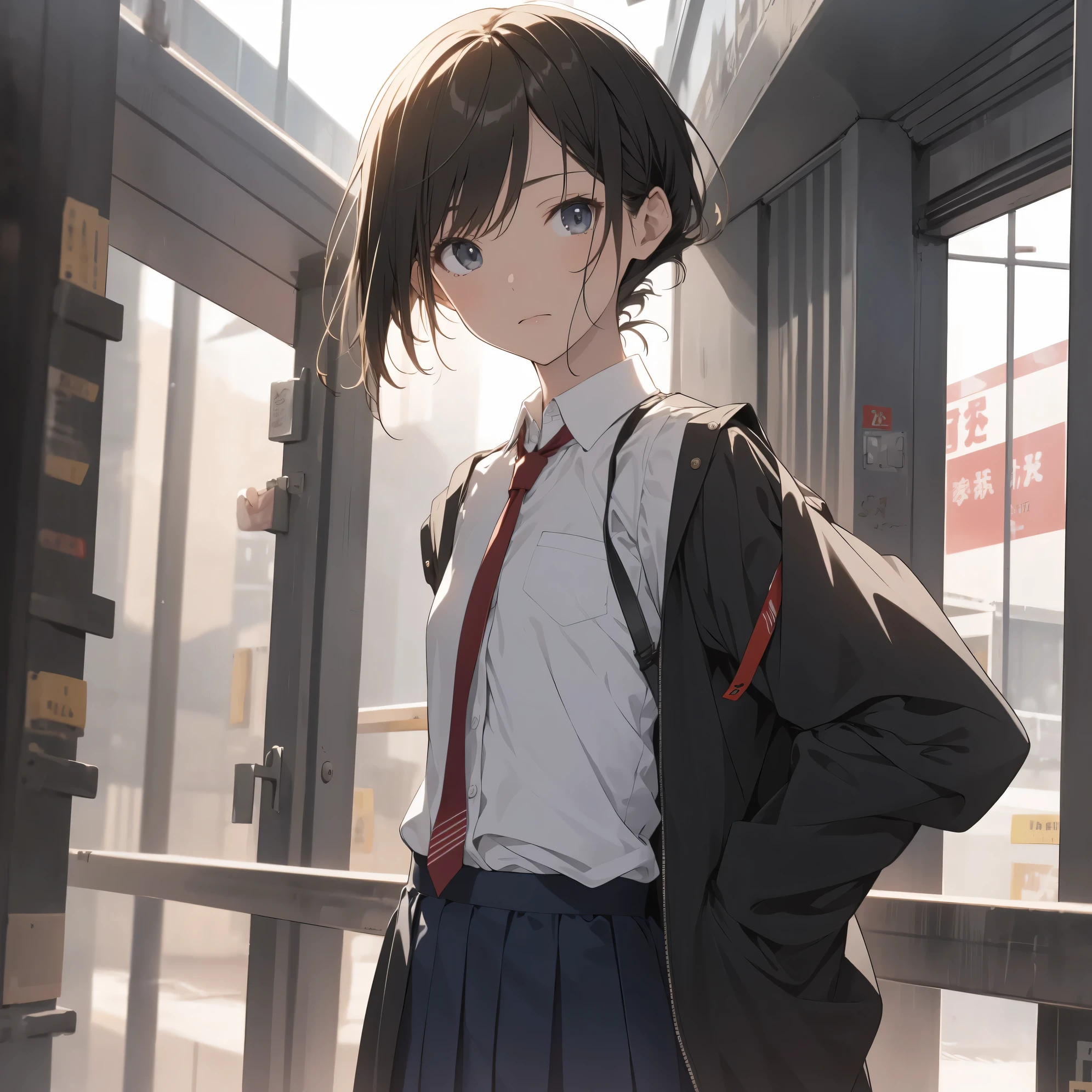Super high quality by the art god, super detailed, High resolution, anime moe art style, best anime 8K konachan wallpaper, pixiv contest winner, perfect anatomy, break,(眠そうにalone学校へ行く女の子を描いてください. )break, 1 girl, (alone,little woman, ta, , 13 y),All limbs, full finger,, The charm of an immature body, (very short hair), flat chest, small ass, between legs, Small black eyes, beautiful and fine eyes, Well-proportioned iris and pupils, expressive eyes, High resolutionの詳細な髪, ribbon, skirt, collared shirt, hair ornaments, neck ribbon, pleated skirt, school uniform, shirt, white shirt, (detailed lighting), (detailed background), On the way to school. break,super dense skin, Best lighting by famous artists, 8K, figure,UHD, rough skin