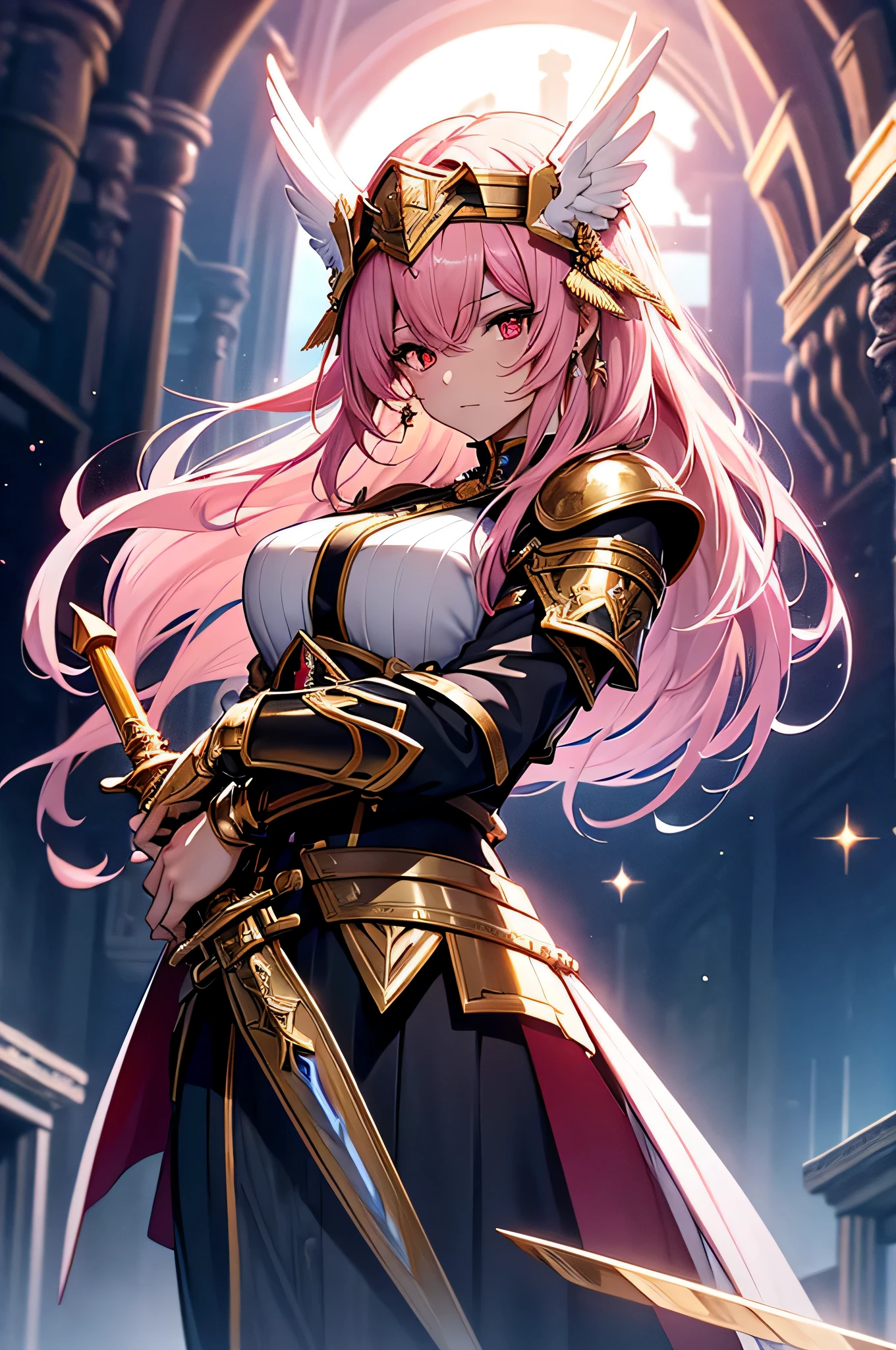 4K,High resolution,one woman,pink hair,long hair,red eyes,Valkyrie,white holy armor,heavy armor,hat with feathers,Jewelry Decoration,gold decoration,Holy sword,temple in the sky,night sky