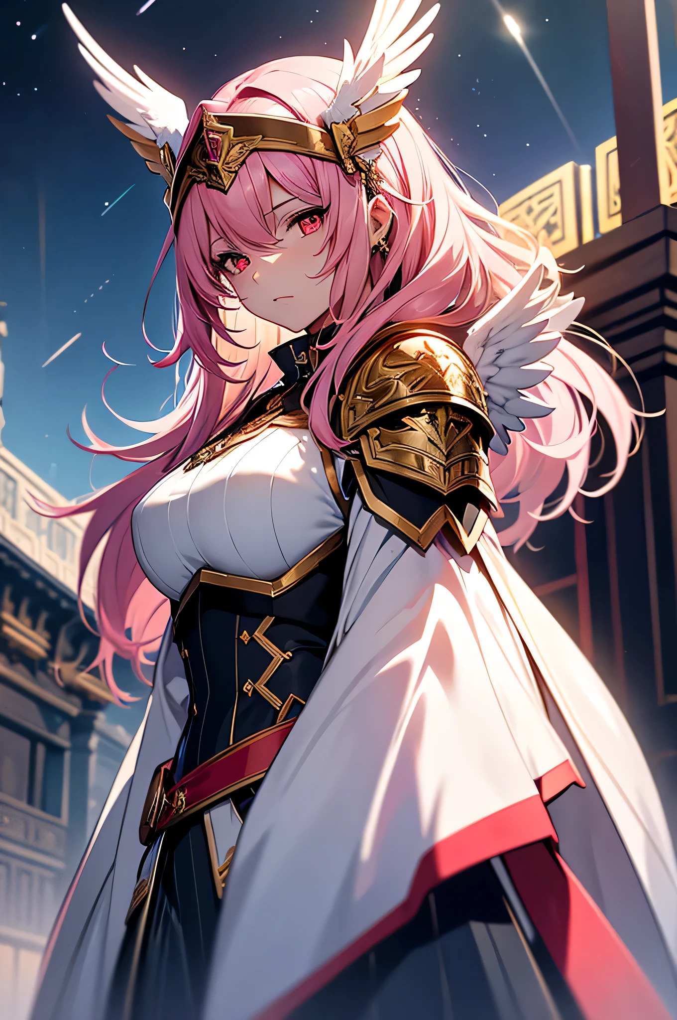 4K,High resolution,one woman,pink hair,long hair,red eyes,Valkyrie,white holy armor,heavy armor,hat with feathers,Jewelry Decoration,gold decoration,Holy sword,temple in the sky,night sky
