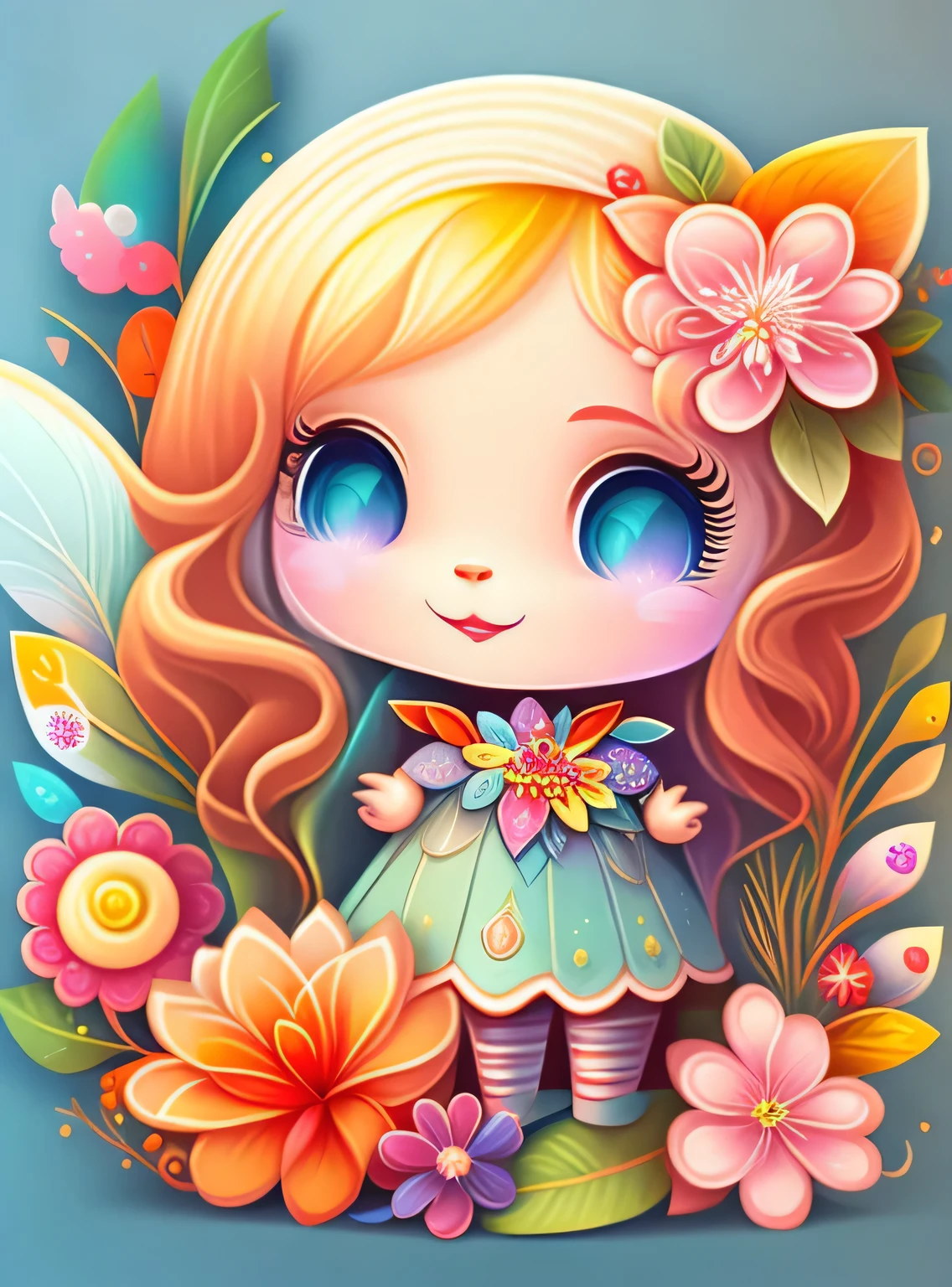 the colorida abstract of cute little fairy and elfs and flowers, (colorida,altamente detalhado,arte vetorial)