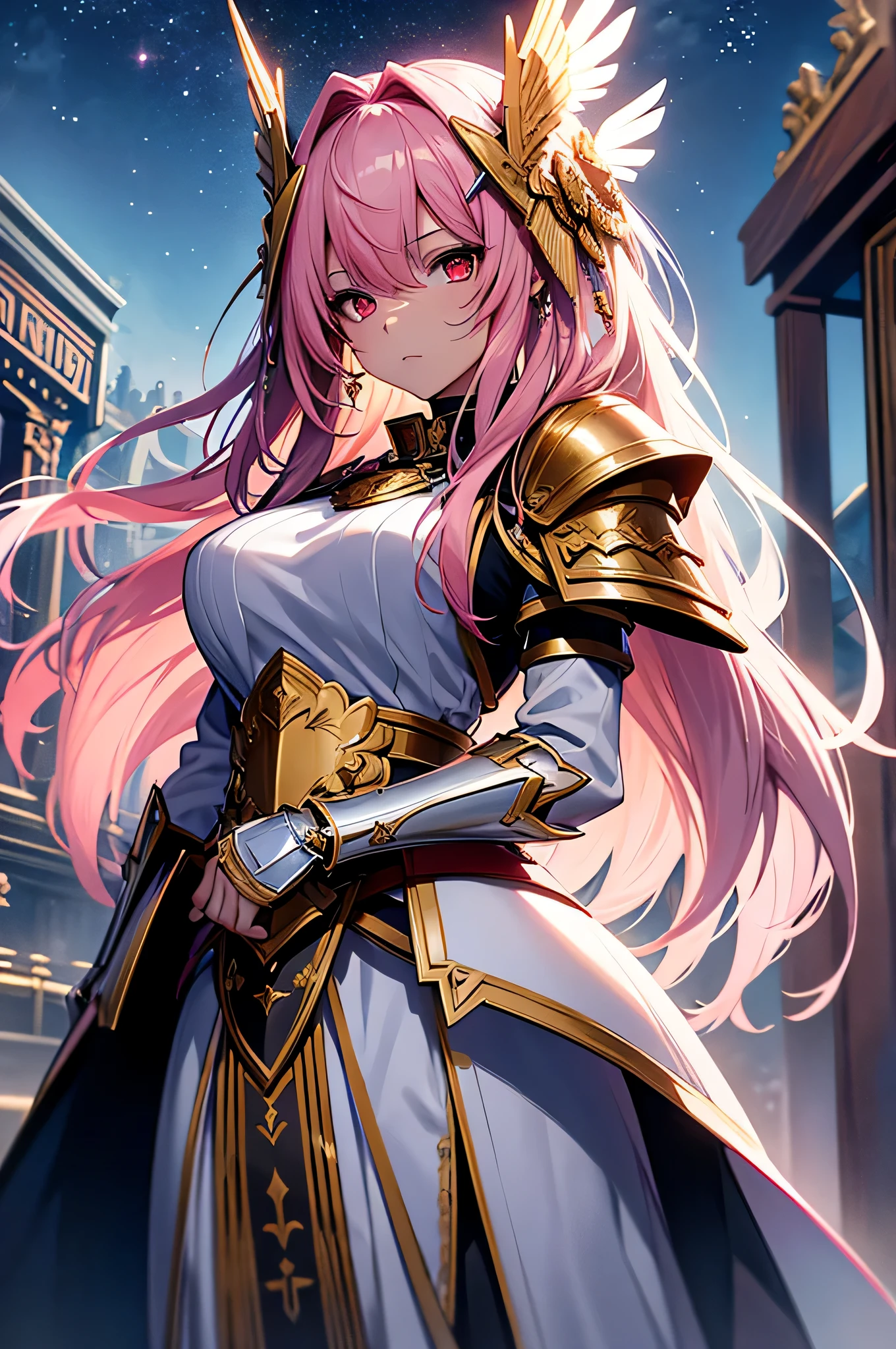 4K,High resolution,one woman,pink hair,long hair,red eyes,Valkyrie,white holy armor,heavy armor,hat with feathers,Jewelry Decoration,gold decoration,Holy sword,temple in the sky,night sky