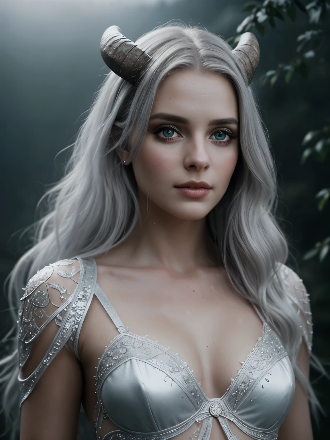 (Realistic:1.2), A beautiful woman with goat horns. Intricate dress with uncovered tummy made of gray tulle, silver glitter, small gray crystals and dried branches. Luis Royo style. Intense and captivating look, extremely sexy. Long, wavy, white hair. Mountains, stones, intricate, detailed, intricately detailed, luminous fantasy translucent ghostly crystal, holographic data, soft body, shadow play, fog, atmospheric, cinematic, light film, hyper detailed, hyper realistic, analog photostyle, film grain, depth of field, bokeh, detailed beautiful eyes and perfect face, high contrast, 16k, best quality