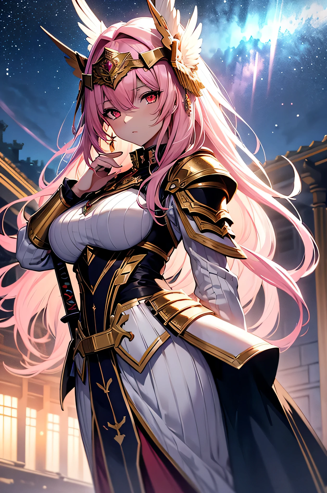 4K,High resolution,one woman,pink hair,long hair,red eyes,Valkyrie,white holy armor,heavy armor,hat with feathers,Jewelry Decoration,gold decoration,Holy sword,temple in the sky,night sky
