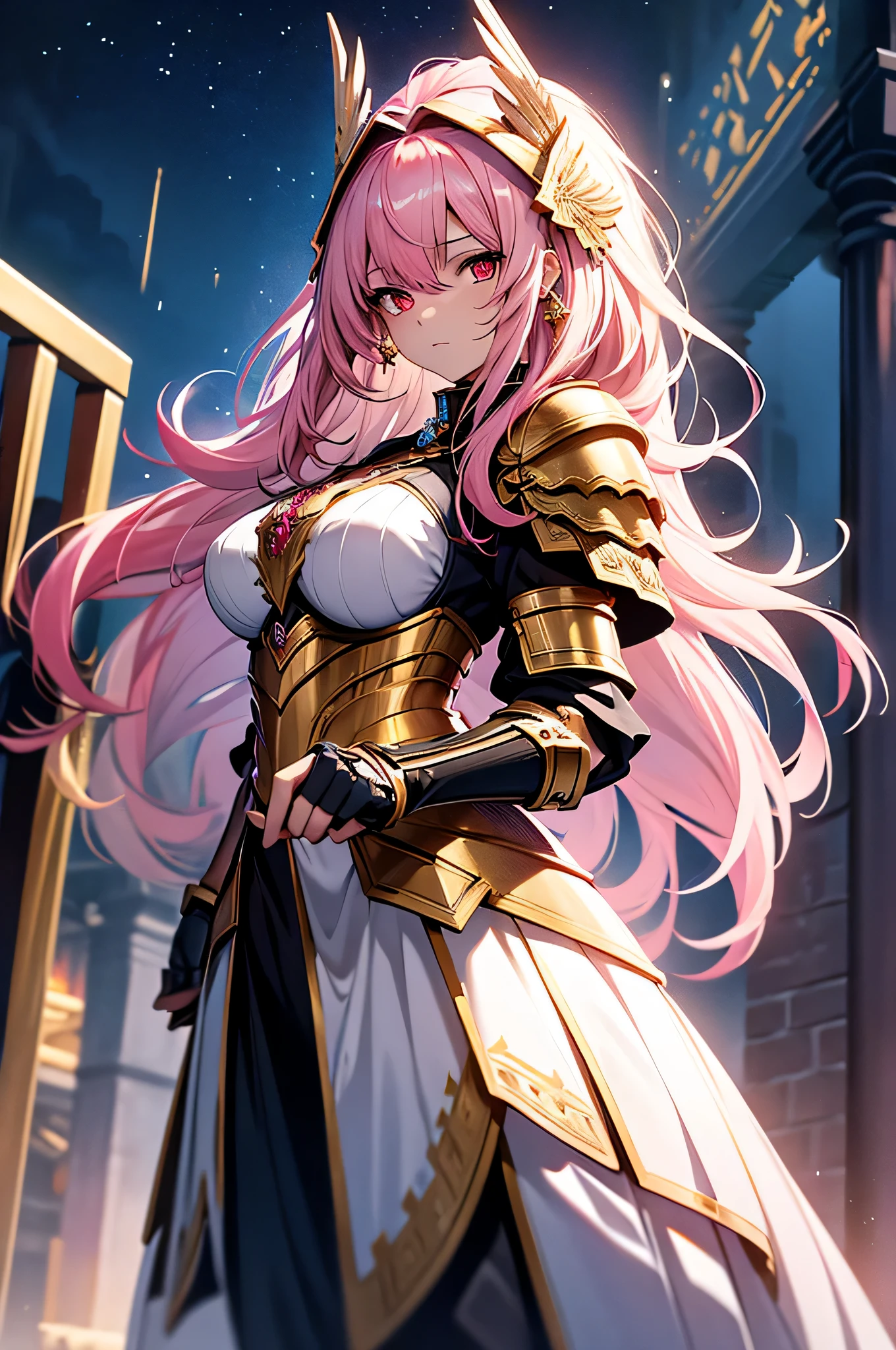 4K,High resolution,one woman,pink hair,long hair,red eyes,Valkyrie,white holy armor,heavy armor,hat with feathers,Jewelry Decoration,gold decoration,Holy sword,temple in the sky,night sky