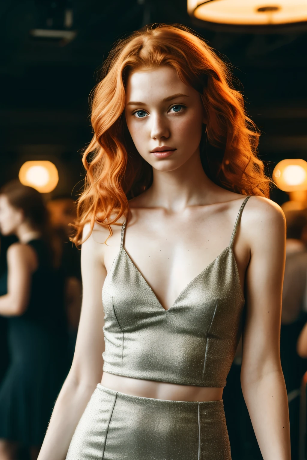 1girl in, age19, Solo, Aesthetic artwork, irish redhead, wavy ginger hair, shoulder length ginger hair, gray eyes, light grey eyes, some small freckles, pale skin, A-cup, small breasts, rough skin,runners body, (textured skin, skin pores:1.1), (moles:0.8), imperfect skin, goosebumps, with an elegant red dress,red dress, with floreal paterns, provocative, miniskirt, (extremely detailed 8k wallpaper) ,soft lighting, high quality, film grain, Fujifilm XT3 sharp focus, f 5.6, 24mm, High Detail, Sharp focus,(natural light), crazy details, complex details, hyperdetailed, seen from 6 m, dancing in a club, dancing, many people,