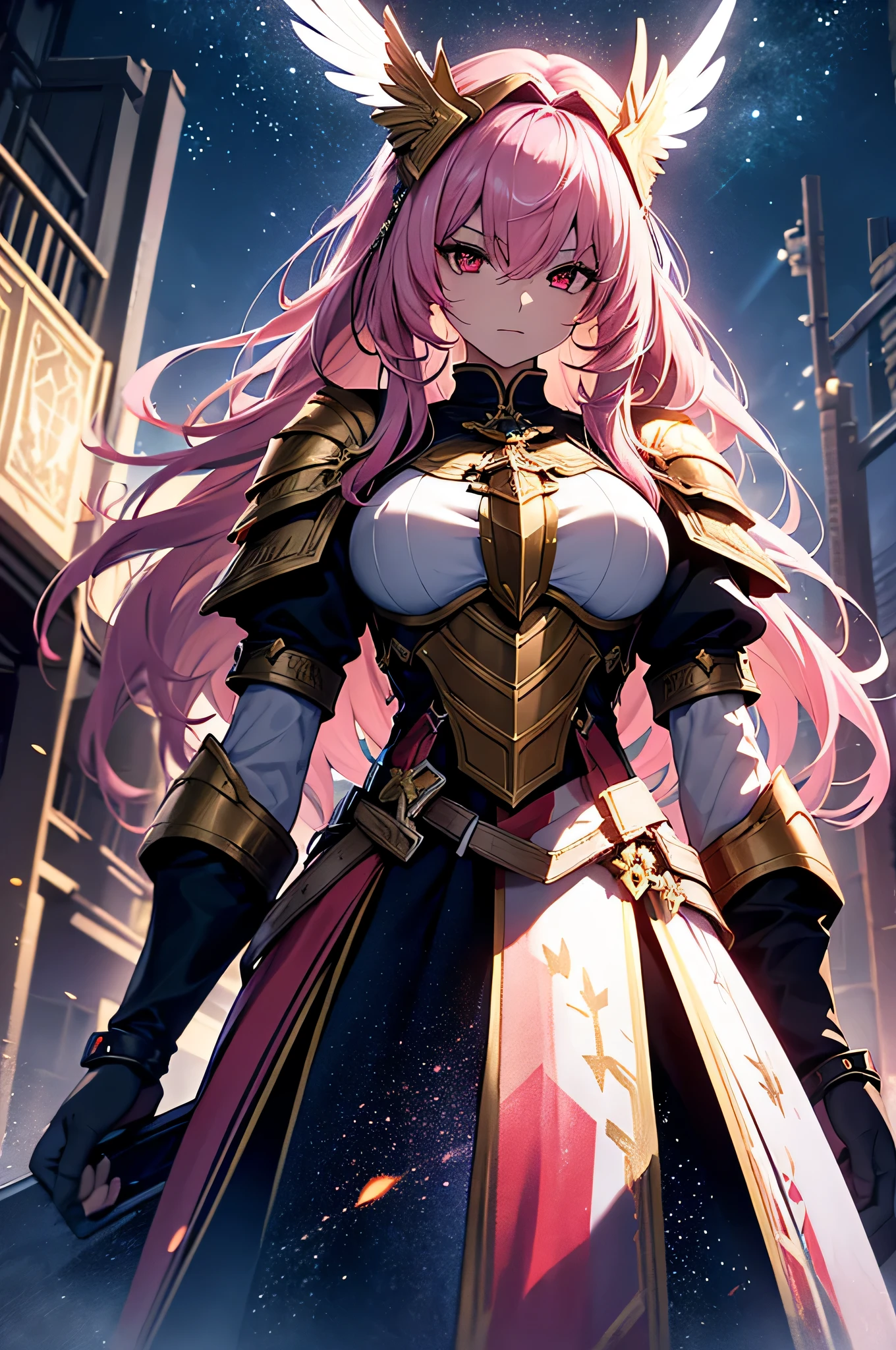 4K,High resolution,one woman,pink hair,long hair,red eyes,Valkyrie,white holy armor,heavy armor,hat with feathers,Jewelry Decoration,gold decoration,Holy sword,temple in the sky,night sky