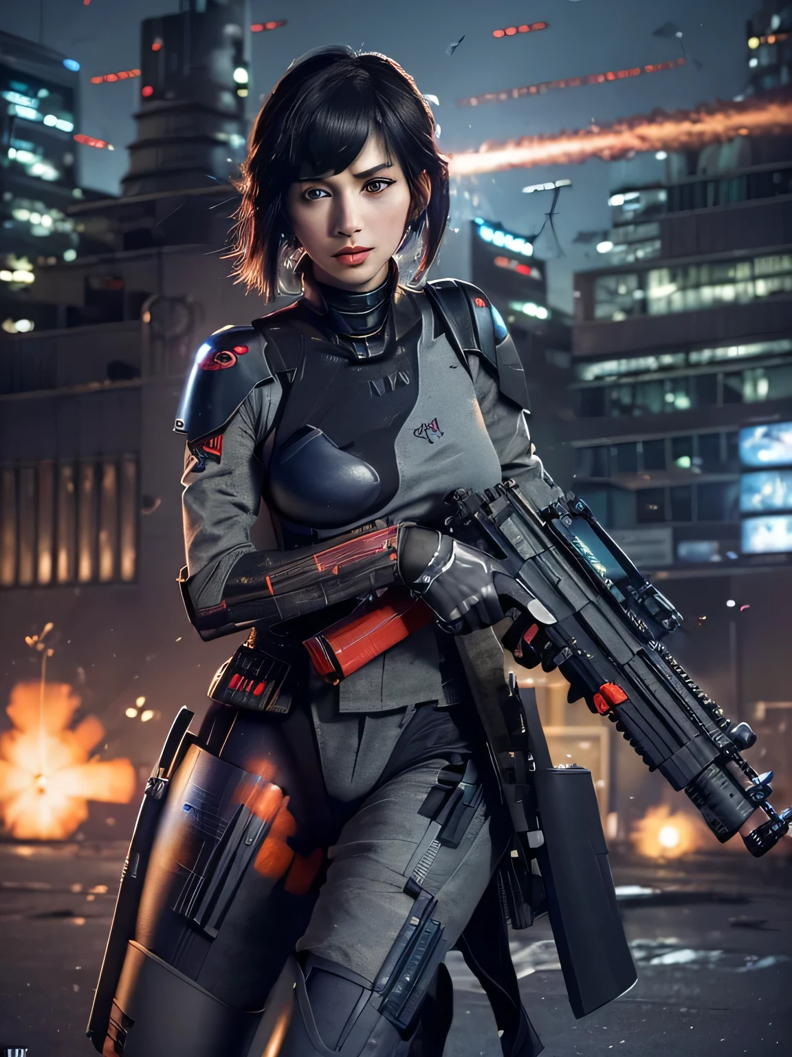 Highly detailed CG Unity 16k wallpaper, (RAW photo, cyber punk:1.3), SF, (realistic, highest quality, masterpiece:1.2), (correct anatomy:1.5), throw, (from before:1.4), (from the blow:1.1), dynamic angle, 1 girl, ((female soldier with mechanized body:1.4)), alone, ((full body shot:1.2)), black hair, short hair, pretty fine skin, tan, realistic and bright eyes, highly detailed nose and lips, Expressionless, ((Black and red body armor, (((Flight, Can store one large blaster rifle:1.3))), thin, Medium chest, (((outdoor, daytime, Future City, battlefield, gun fight:1.5))), cinematic lighting, professional photos, written boundary depth, sharp focus, highest resolution, ultra high resolution、ghost in the shell、cyber punkな夜景、