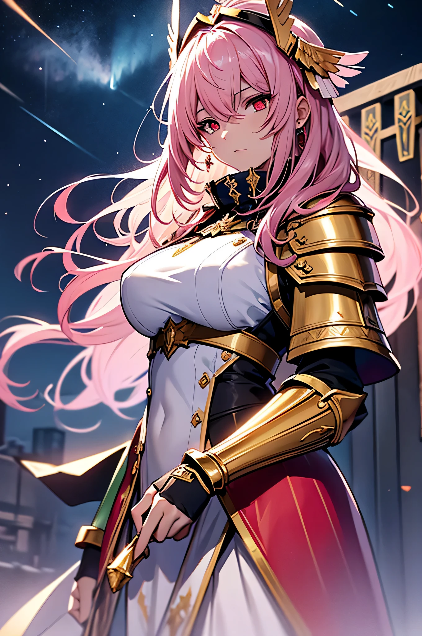 4K,High resolution,one woman,pink hair,long hair,red eyes,Valkyrie,white holy armor,heavy armor,hat with feathers,Jewelry Decoration,gold decoration,Holy sword,temple in the sky,night sky