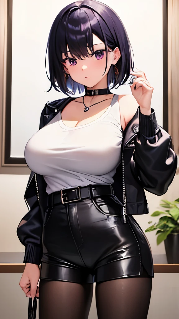 masterpiece, highest quality, super detailed、1 girl、短いblack髪　Purple inner color、big breasts、black　leather jacket、shorts　jeans、white t-shirt　Close Previous、whole body、black　pantyhose、short hair、brown high cut boots、whole body、standing、leather belt　Large buckle