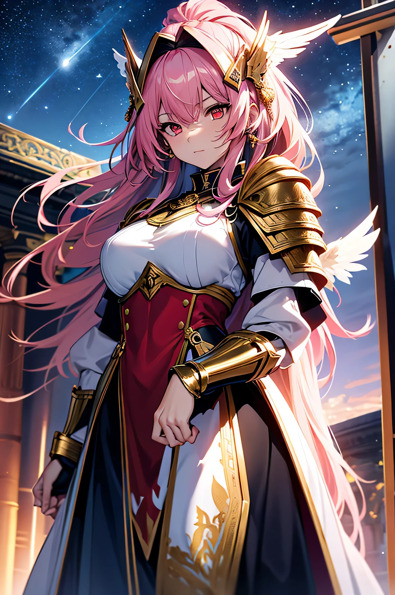 4K,High resolution,one woman,pink hair,long hair,red eyes,Valkyrie,white holy armor,heavy armor,hat with feathers,Jewelry Decoration,gold decoration,Holy sword,temple in the sky,night sky